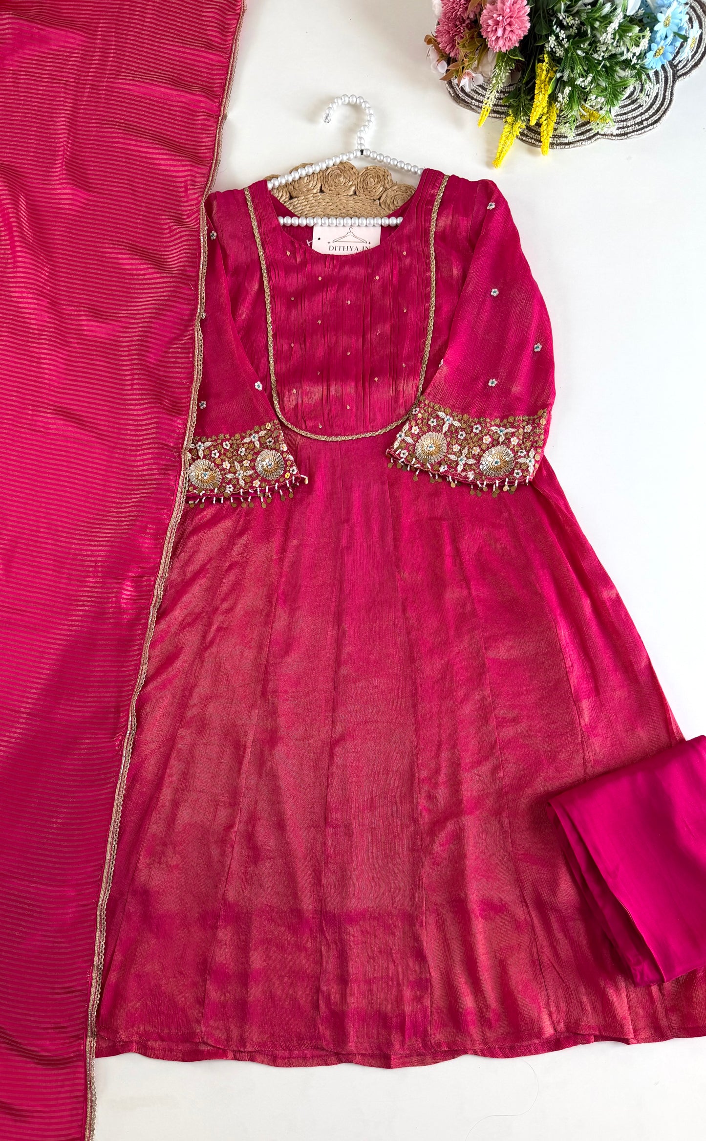 K475 - Tissue silk handwork Anarkali with pants and dupatta