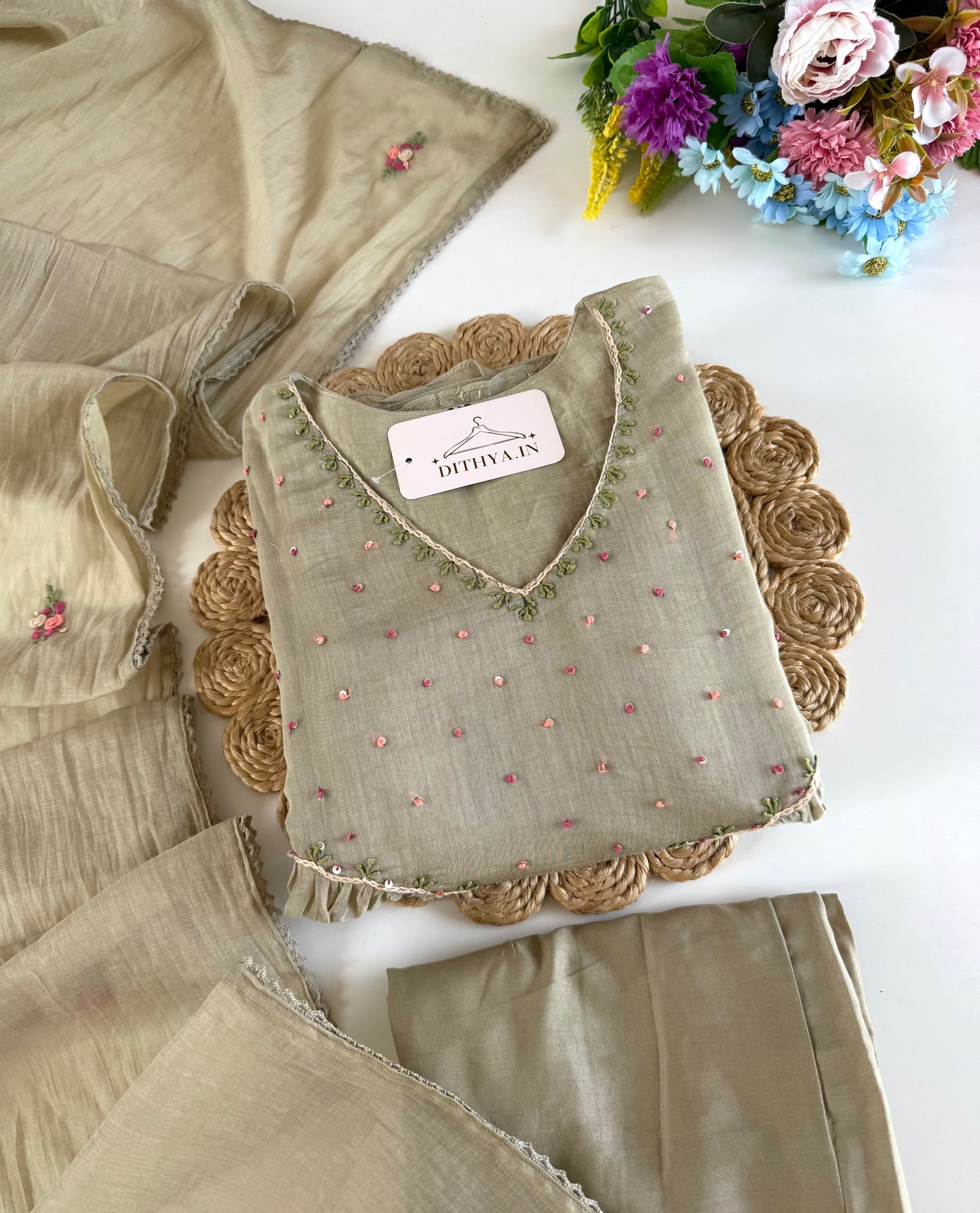 K154 - Mul chanderi embroidered Anarkali with pants and dupatta