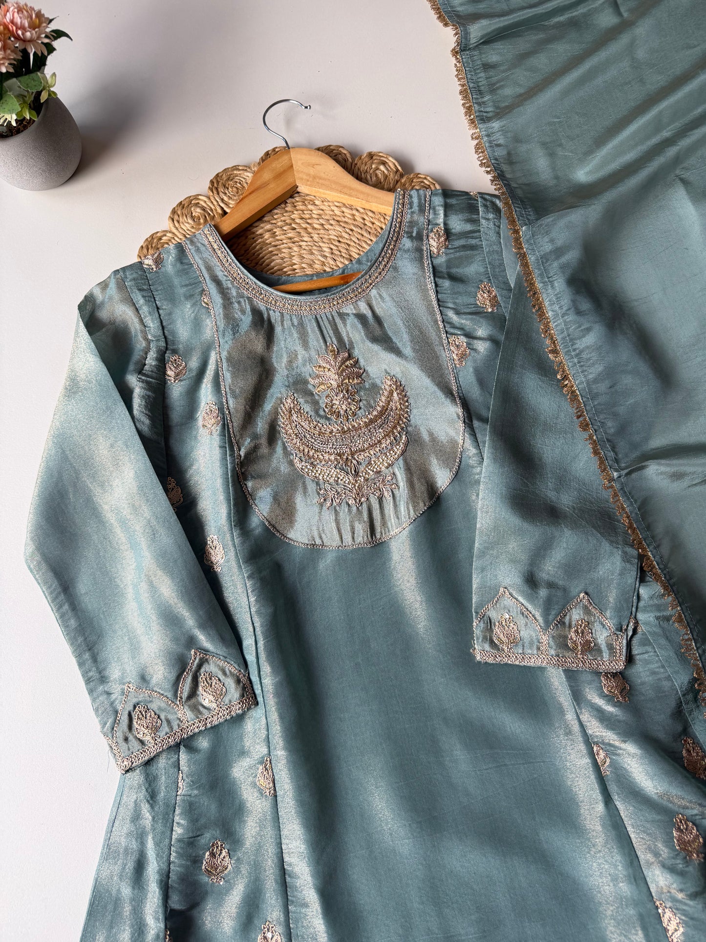 K092 - Tissue silk zari Anarkali with pants and dupatta