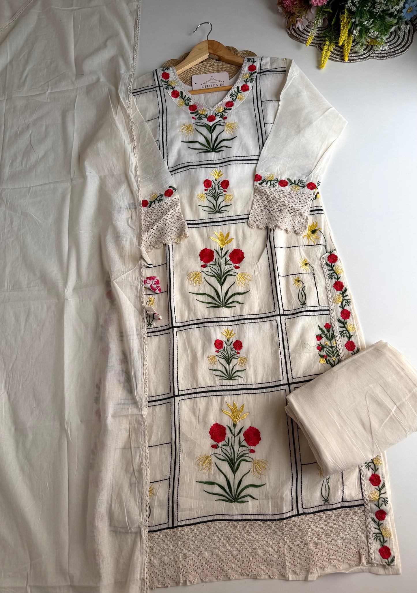 K670 - Mul cotton embroidered straight Kurti with pants and dupatta