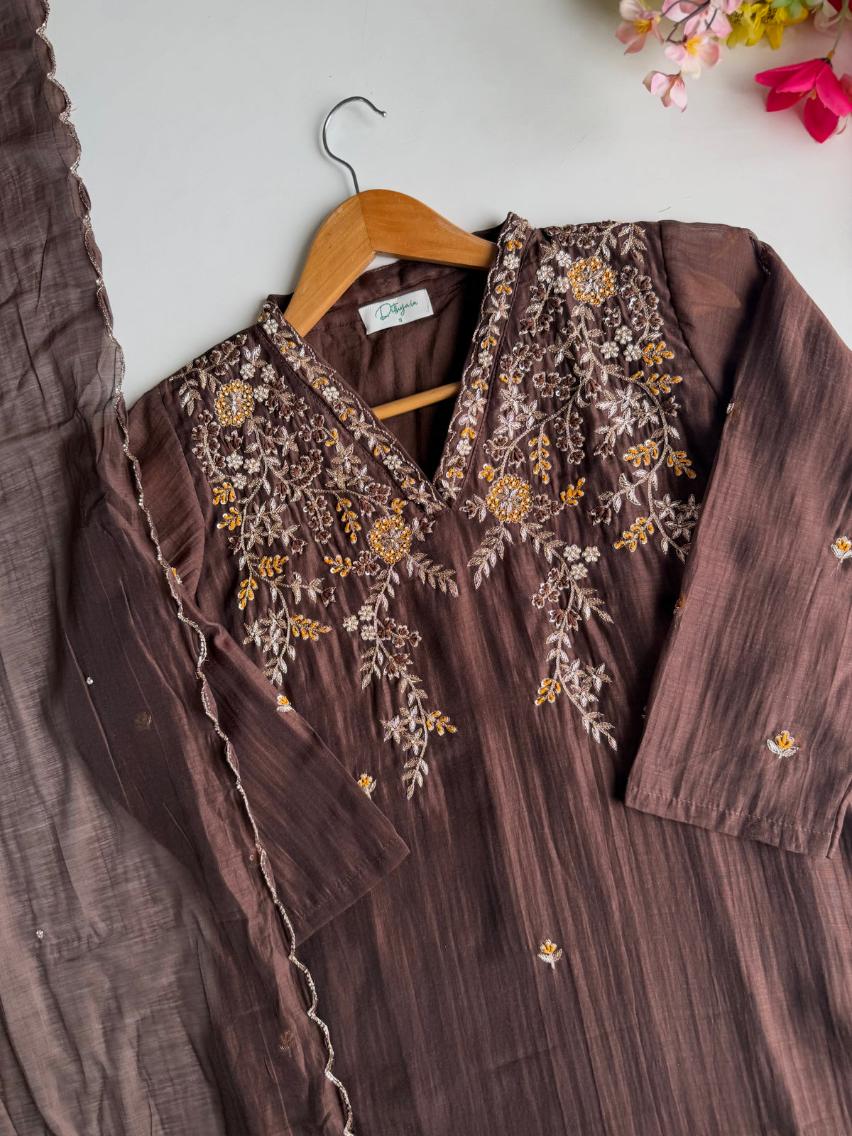 K122 - Mul chanderi handwork straight Kurti with pants and dupatta