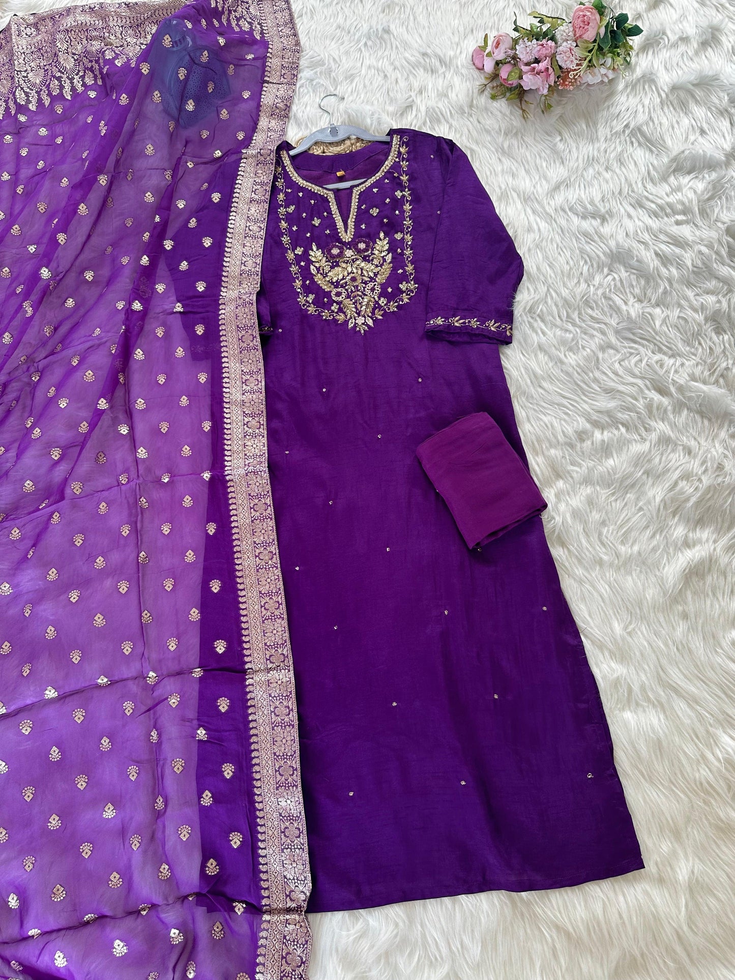 K050 - Russian silk kurti with pants and dupatta - Dithya.in