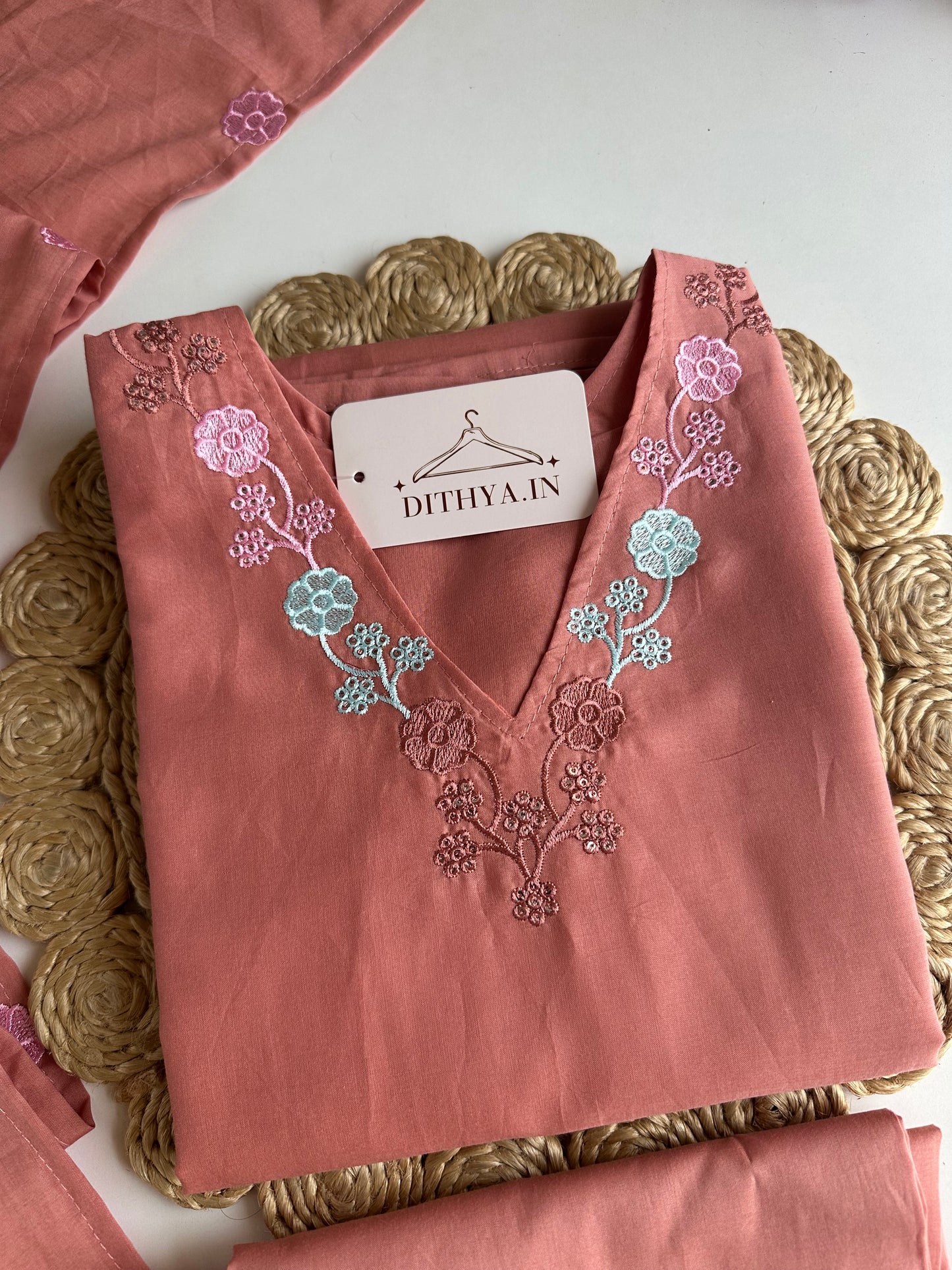 K131 - Mul cotton embroidered straight Kurti with pants and dupatta