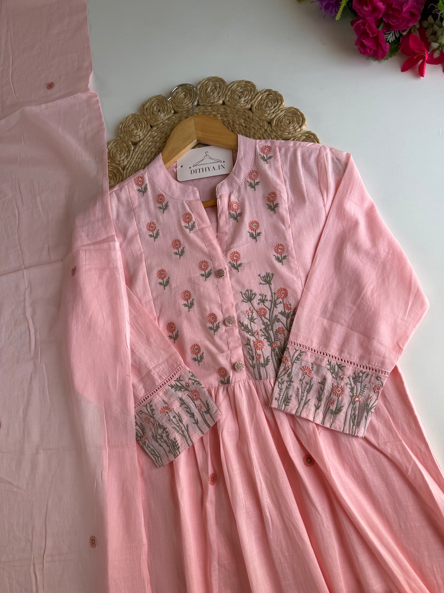 K281 - Mul cotton embroidered Anarkali with pants and dupatta