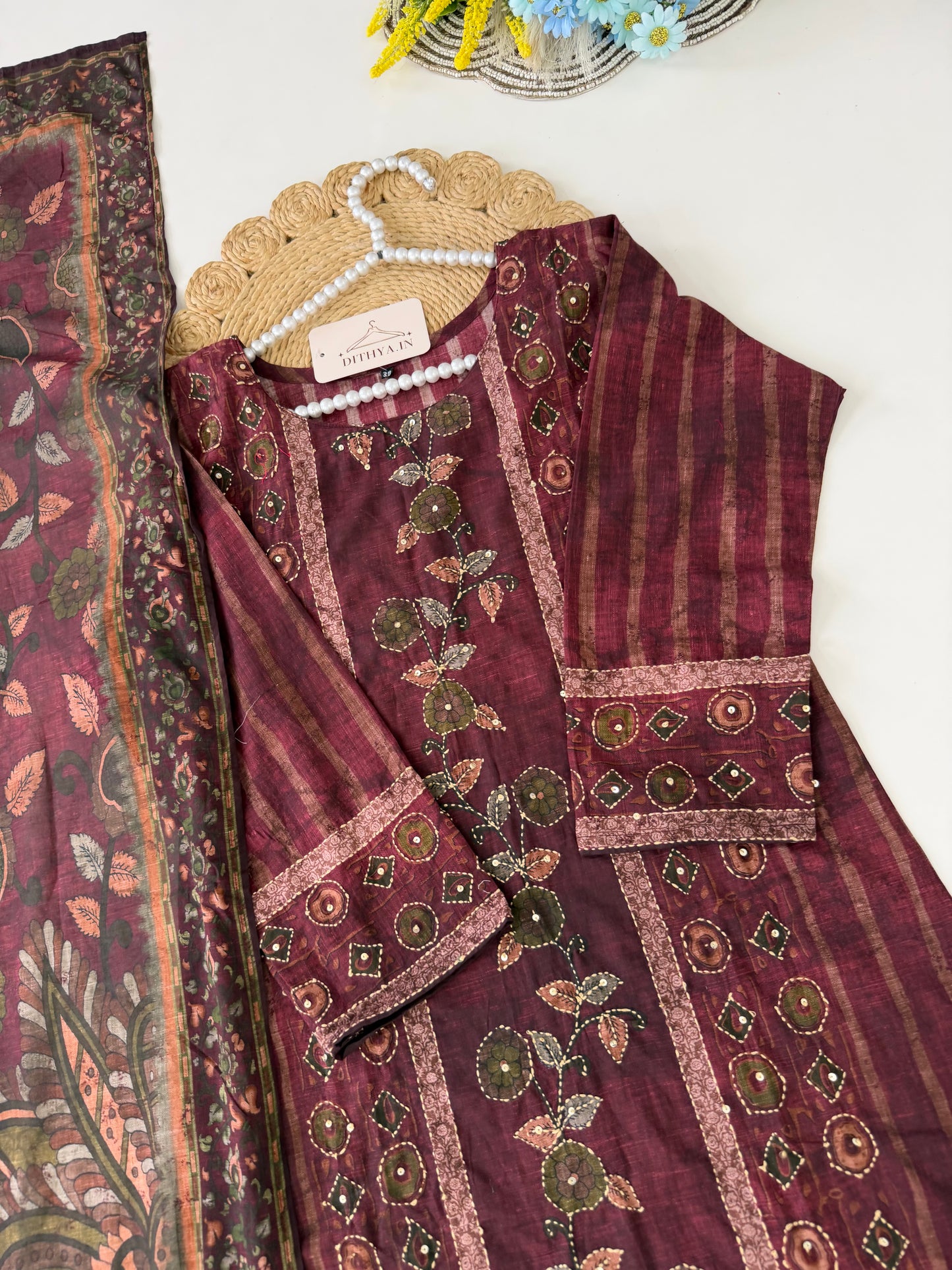 K483 - Cotton katha work straight Kurti with pants and dupatta