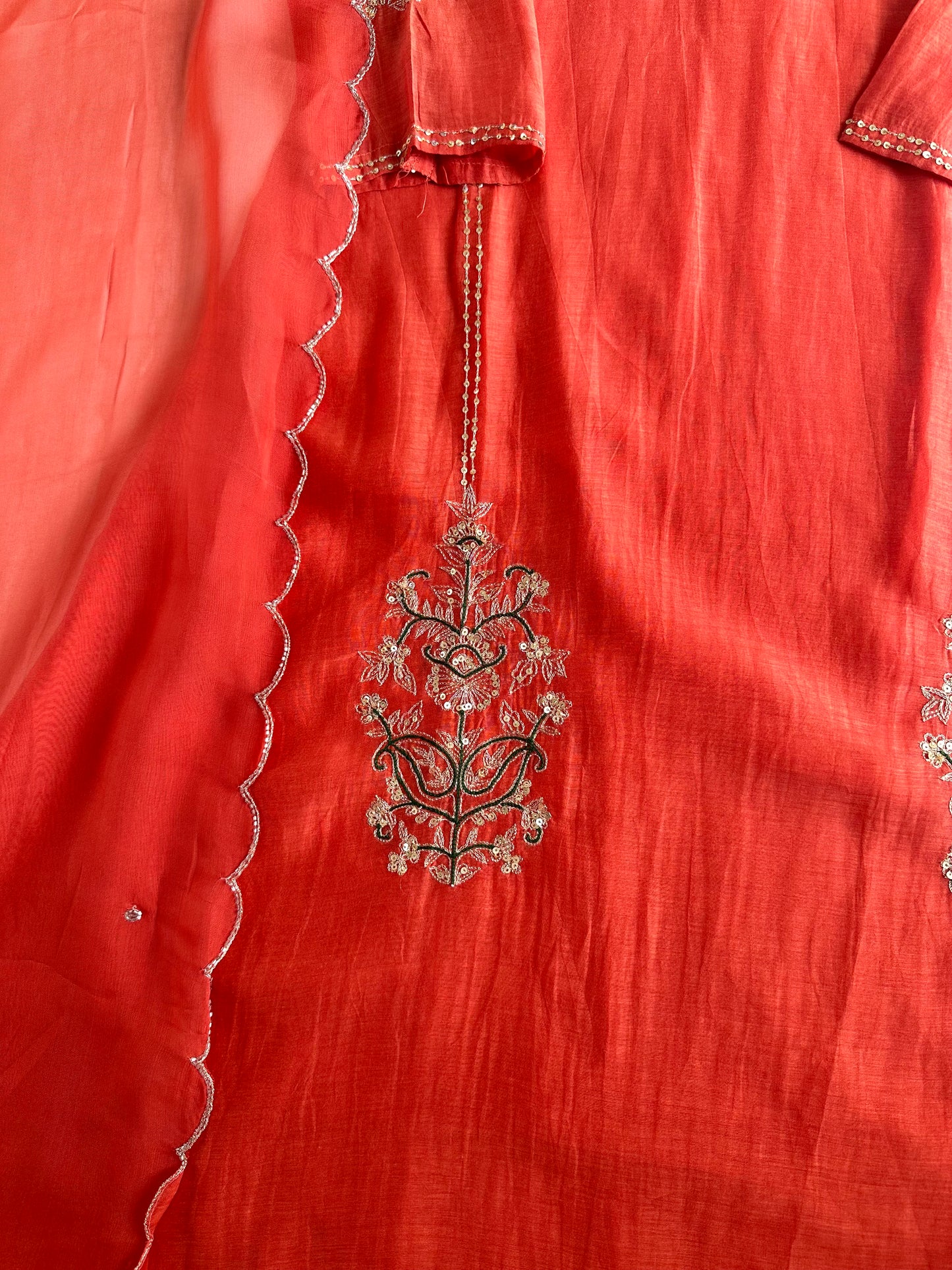 K010 - Mul Chanderi handwork Aline Kurti with pants and dupatta