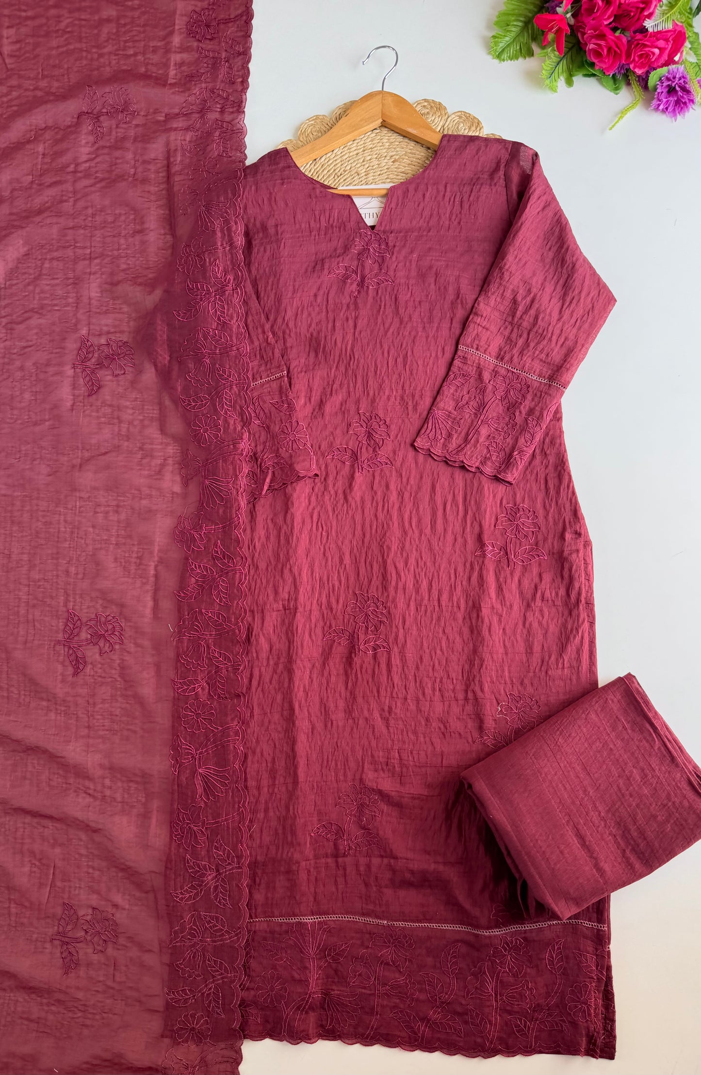 K208 - Crushed Mul chanderi embroidered straight Kurti with pants and dupatta in 2 colours