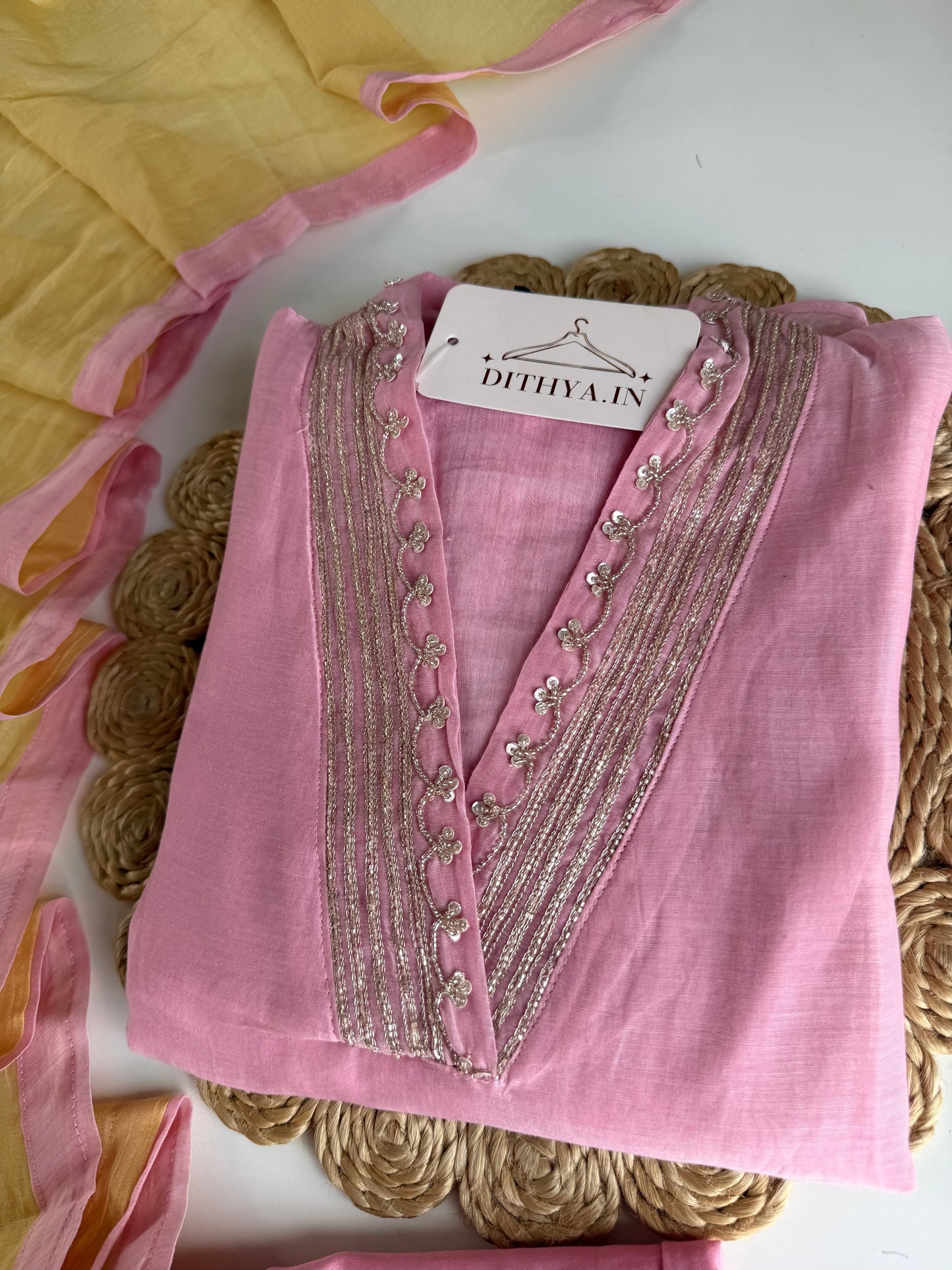K734 - Mul chanderi handwork aline Kurti with pants and dupatta