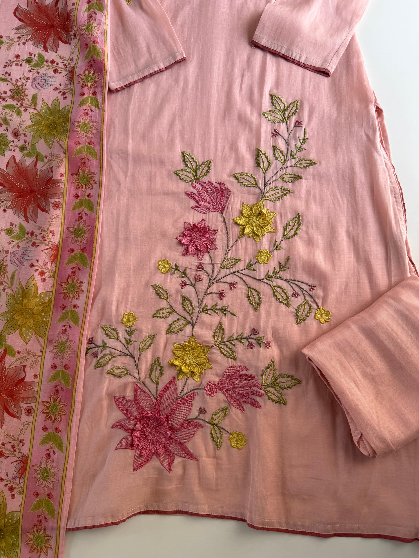 K227 - Mul cotton embroidered Aline Kurti with pants and dupatta