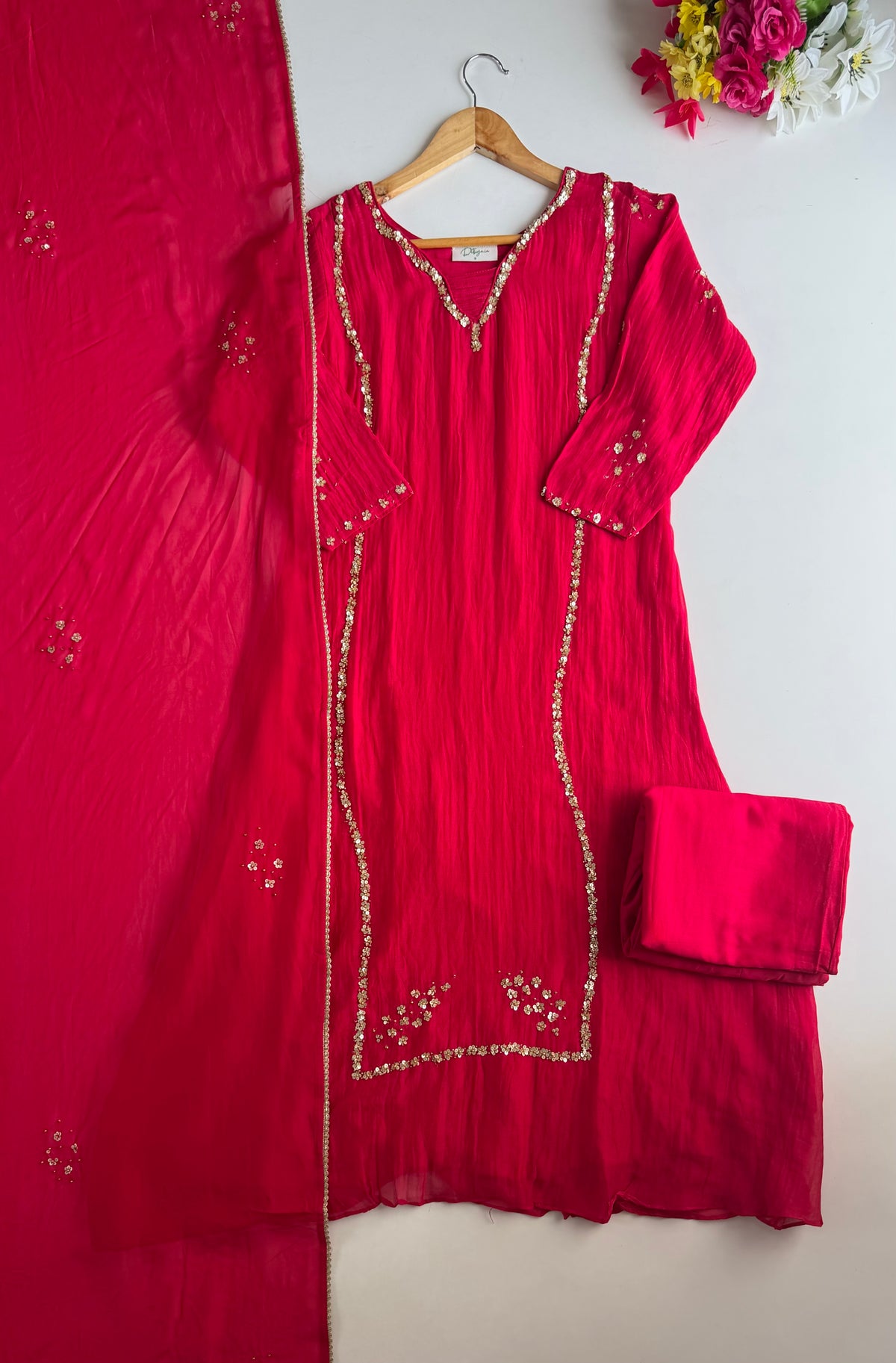 K406 - Banarasi Mul chanderi handwork aline Kurti with pants and dupatta