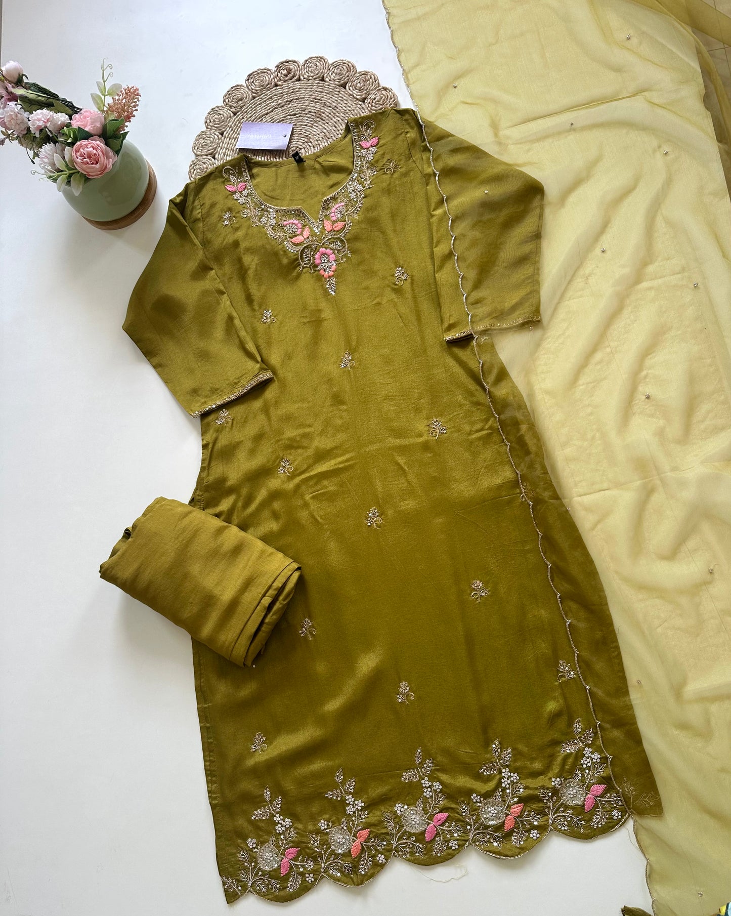 K087 - Russian silk handwork straight kurti with pants and organza dupatta .