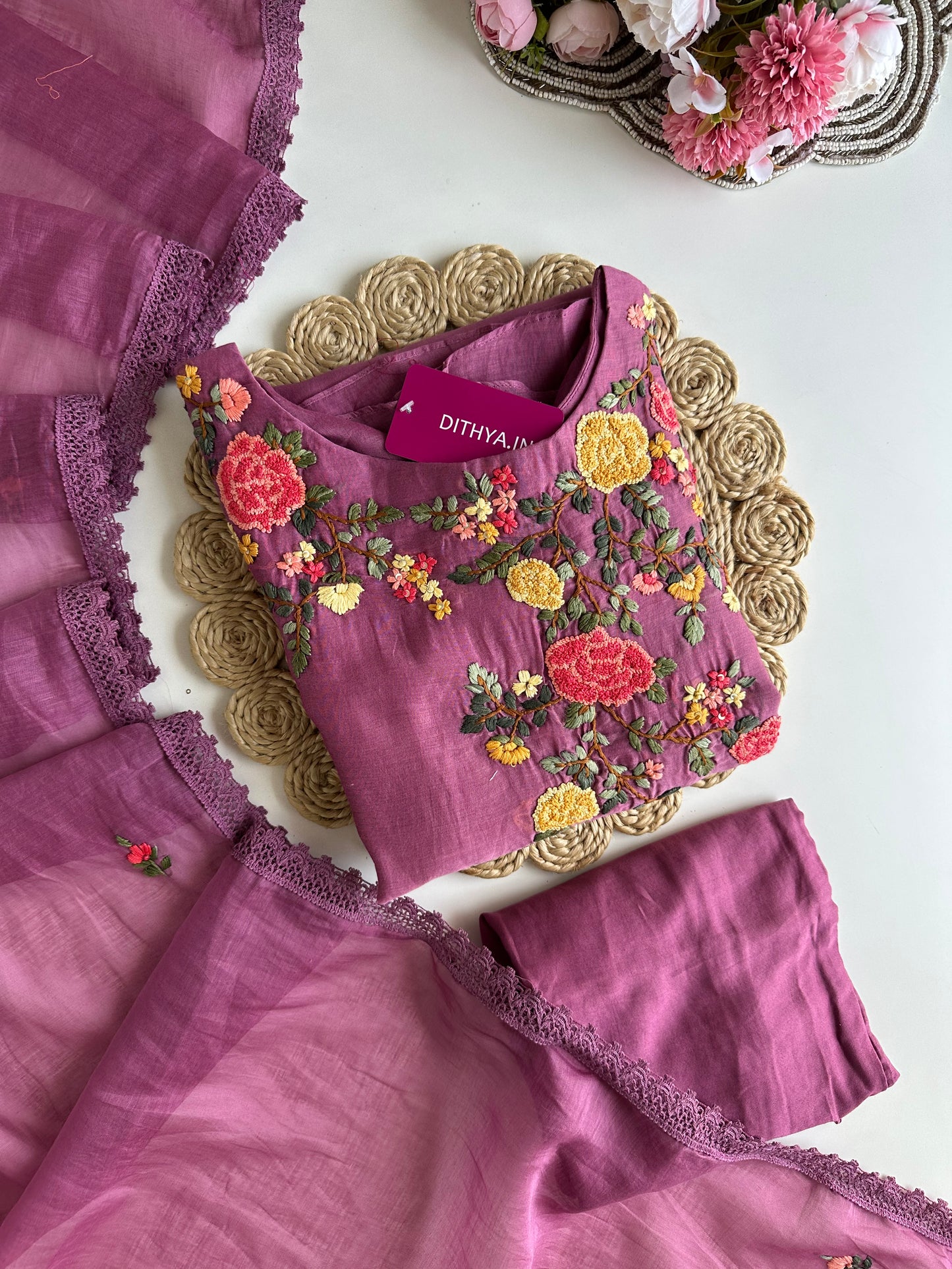 K257 - Mul Chanderi embroidered Aline Kurti with pants and dupatta