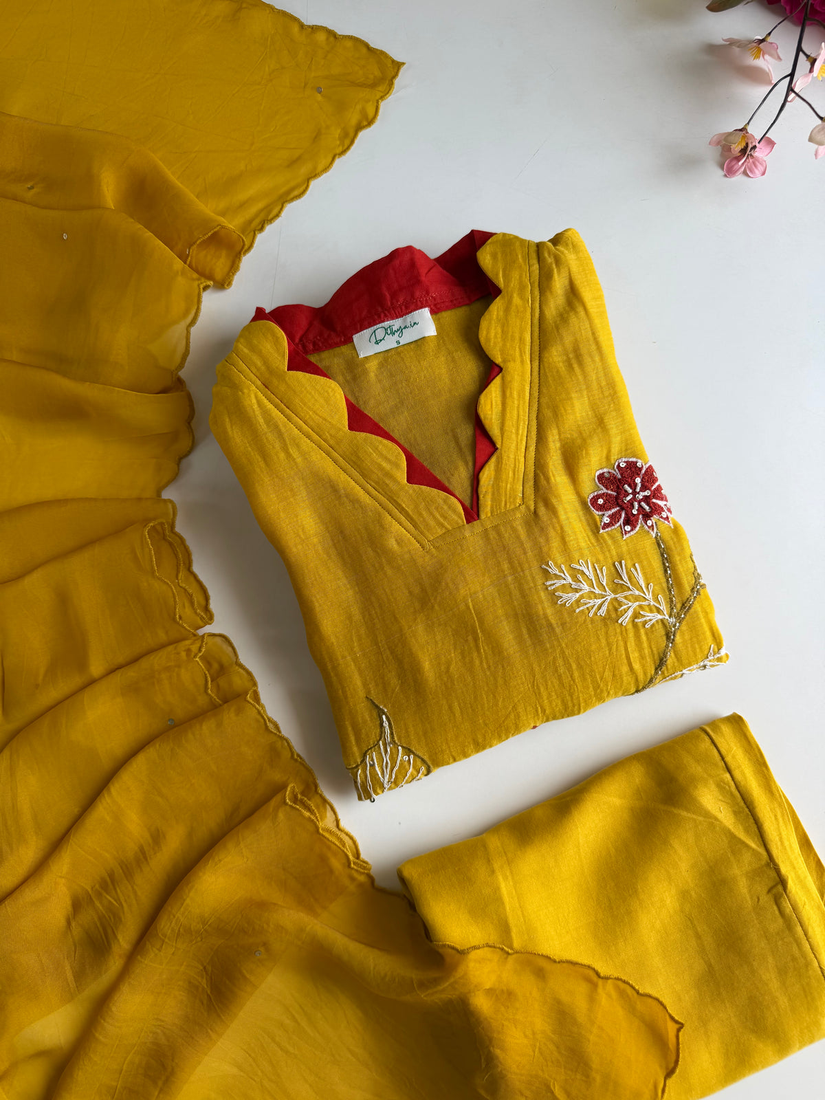 K453 - Mul chanderi appliqué embroidered Aline Kurti with pants and dupatta