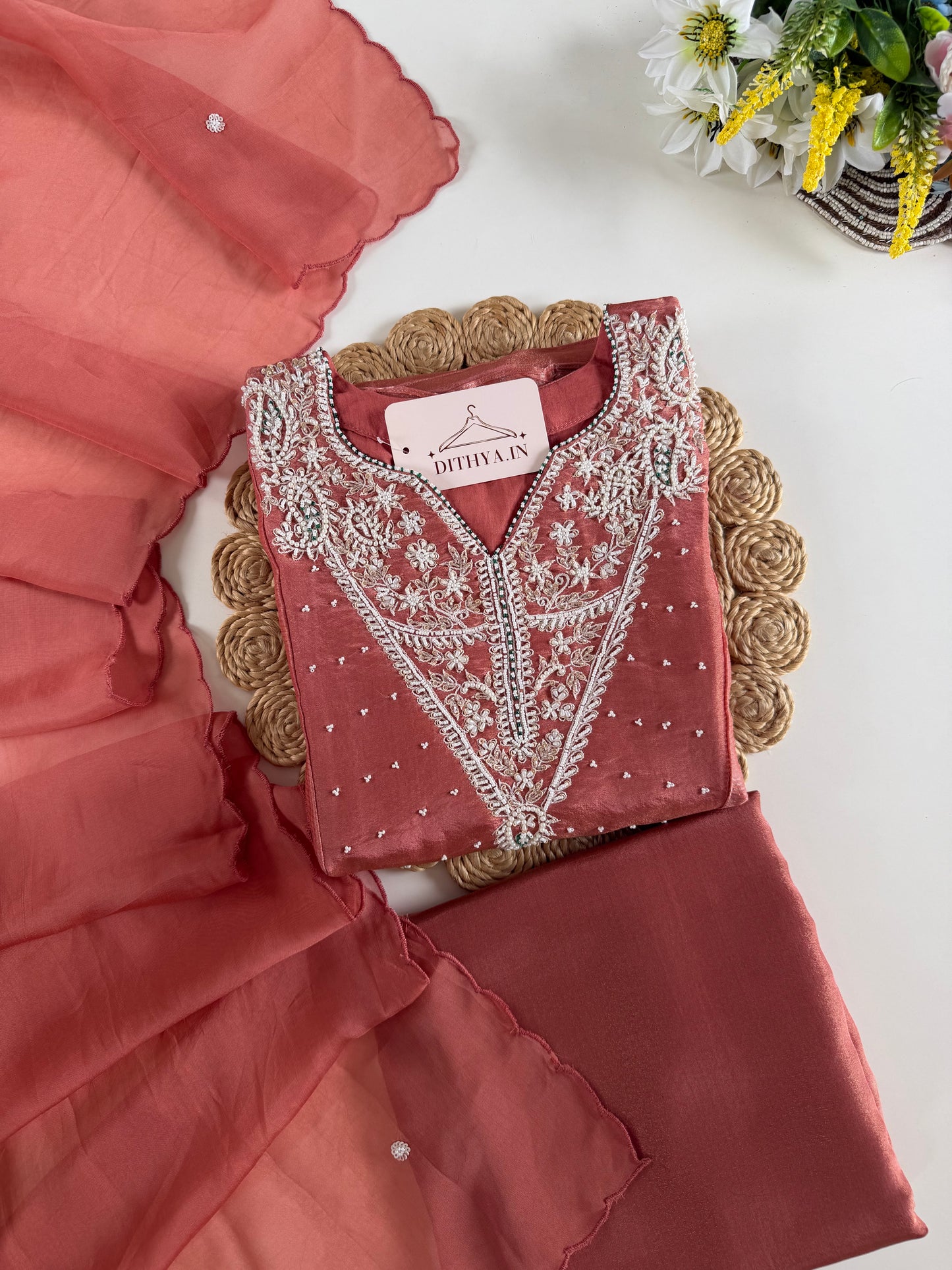 K110 - Tissue silk pearl work Anarkali with pants and dupatta