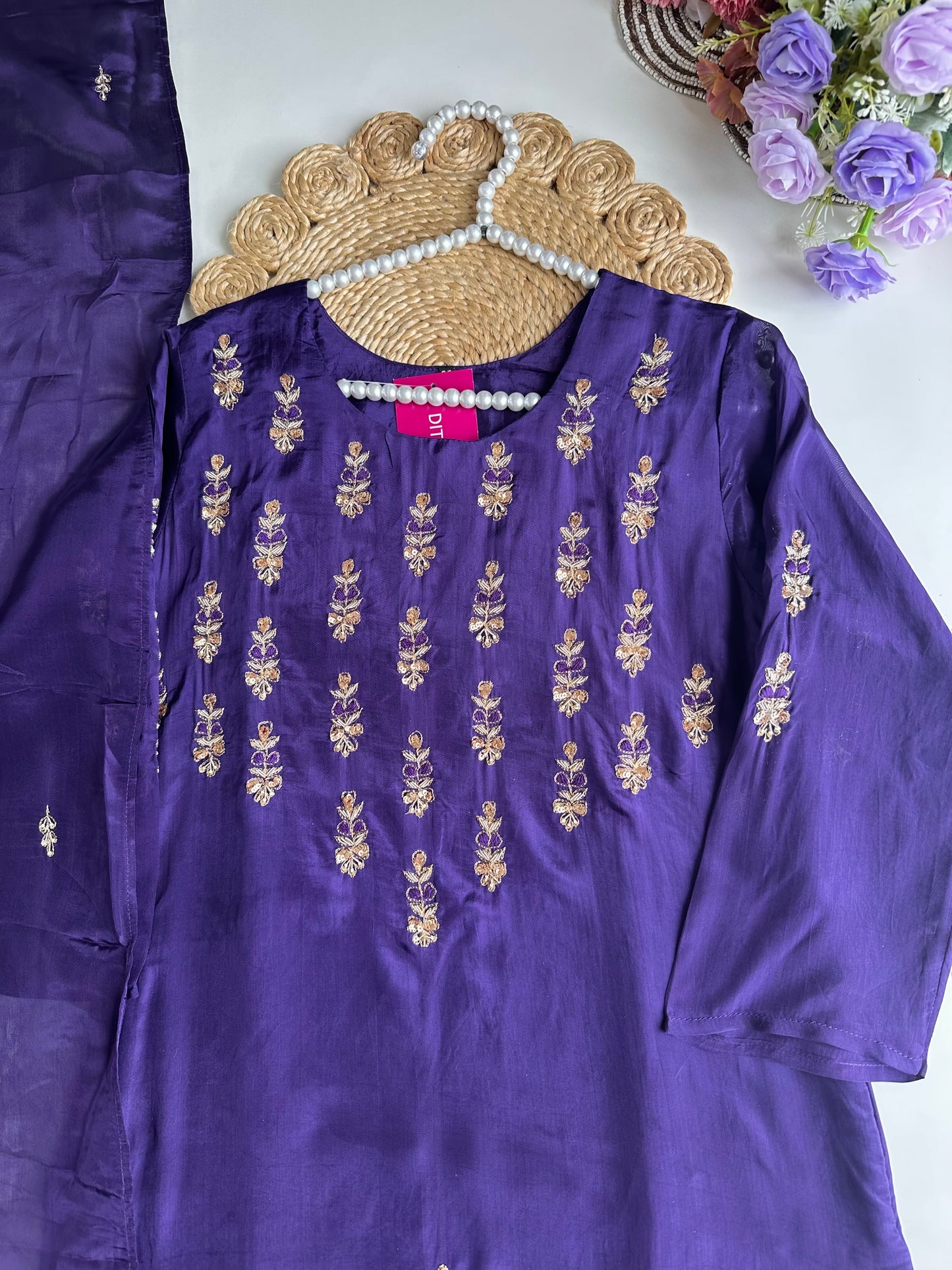 K288 - Russian silk handwork straight Kurti with pants and dupatta