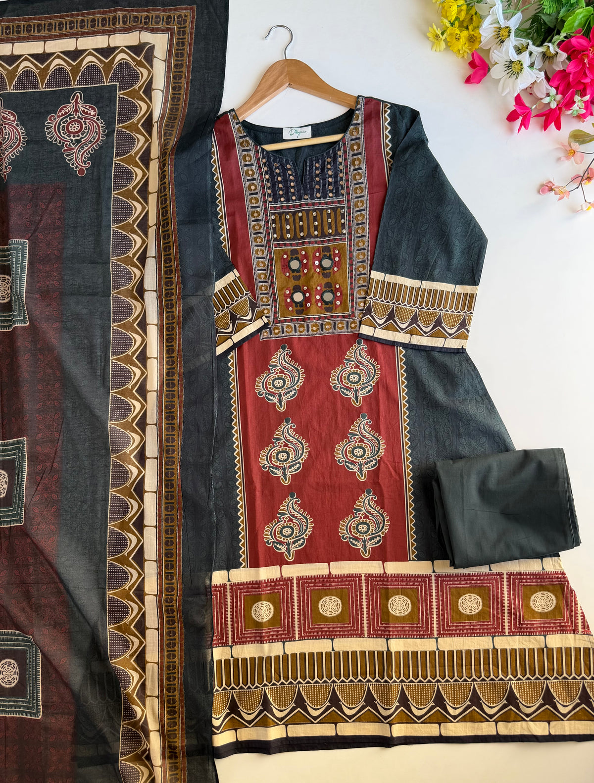 K363 - Mul cotton embroidered Aline Kurti with pants and dupatta