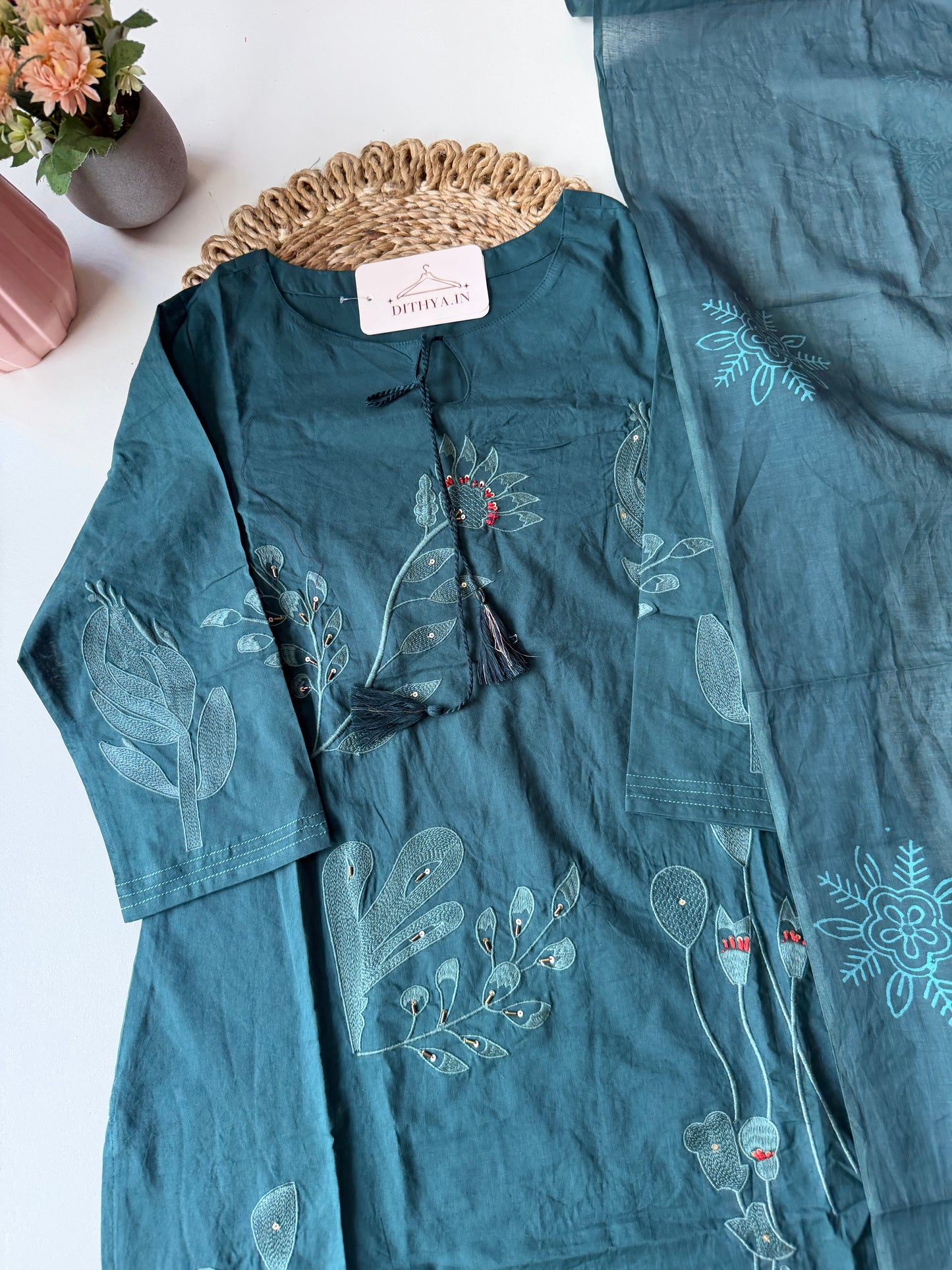 K583 - Cotton embroidery straight Kurti with pants and dupatta in 2 colours