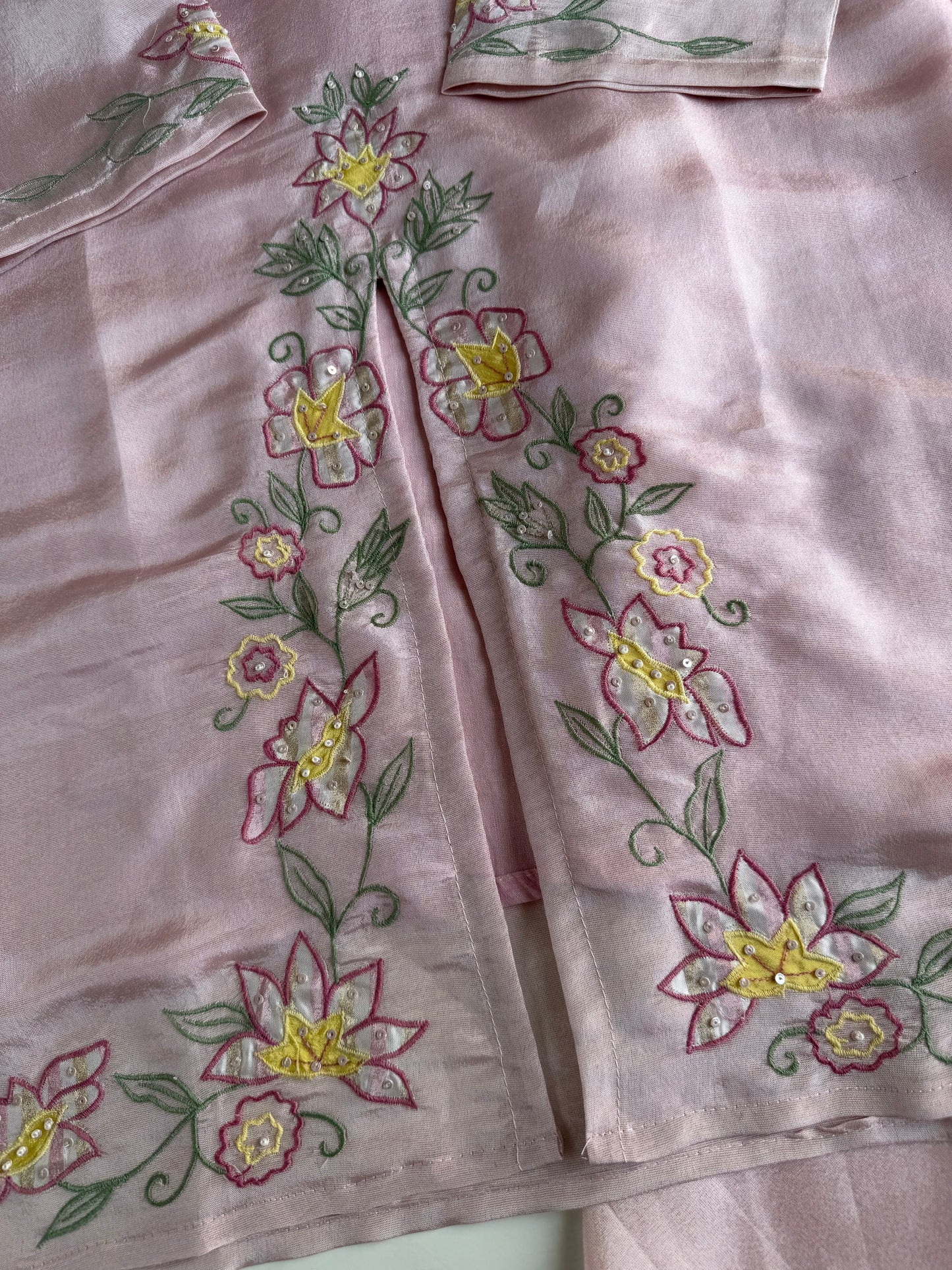 K548 - Tissue silk appliqué handwork short Kurti with divider pants and dupatta