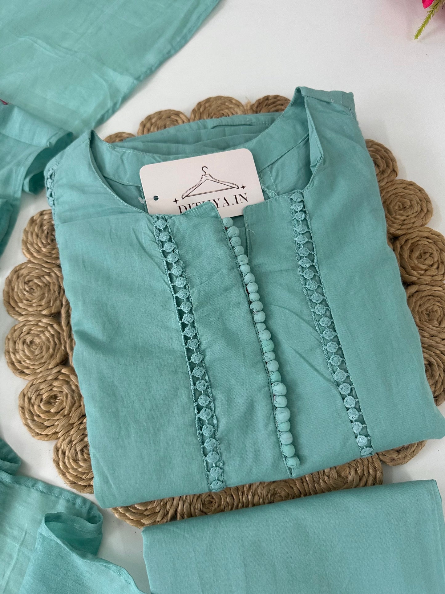 K223 - Mul cotton embroidered Aline Kurti with pants and dupatta