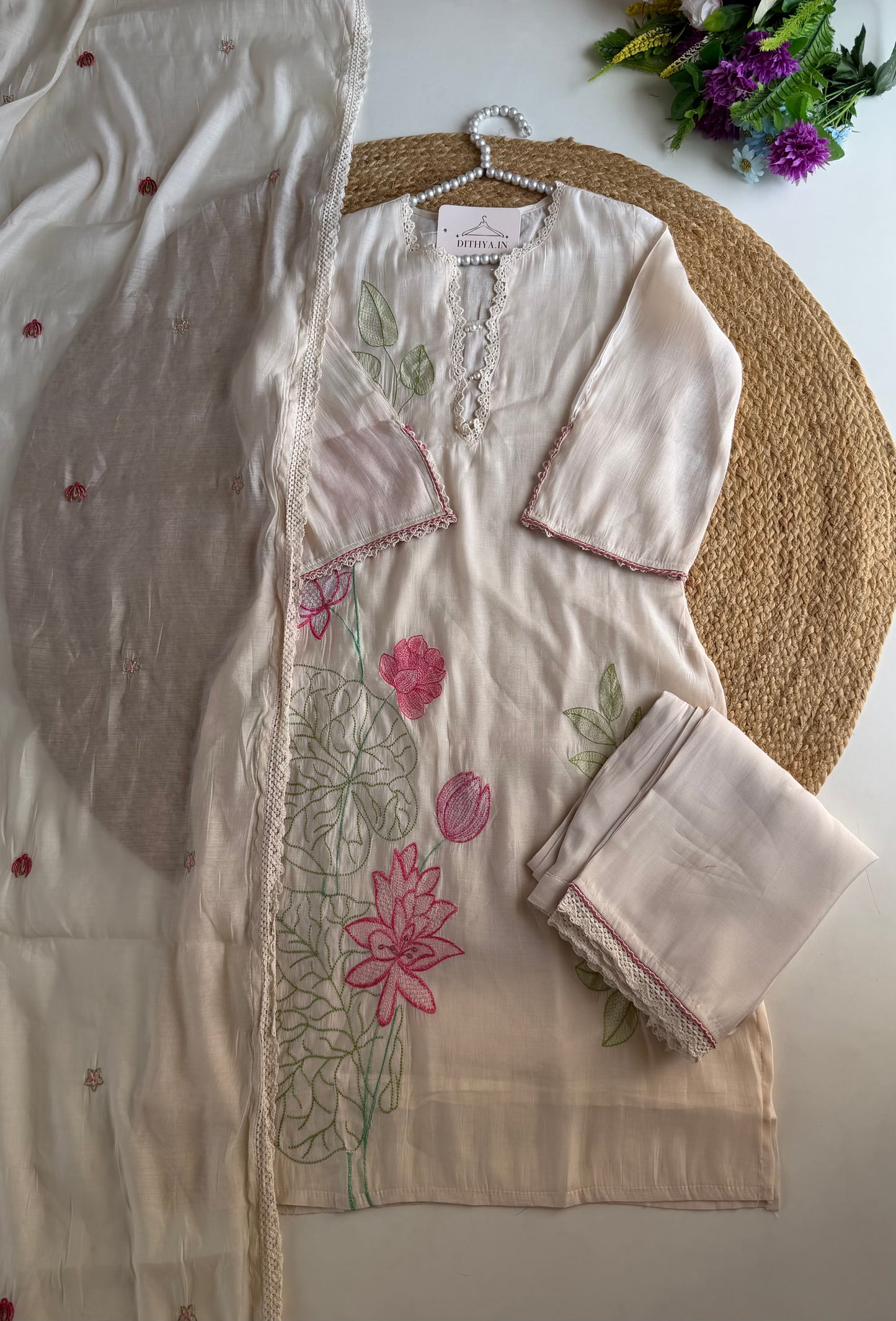K345 - Muslin silk embroidered straight Kurti with pants and dupatta in 2 colours