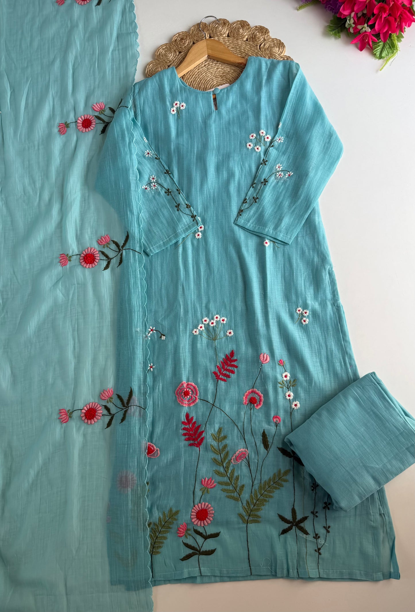 K629 - Mul chanderi 3D embroidered straight Kurti with pants and dupatta