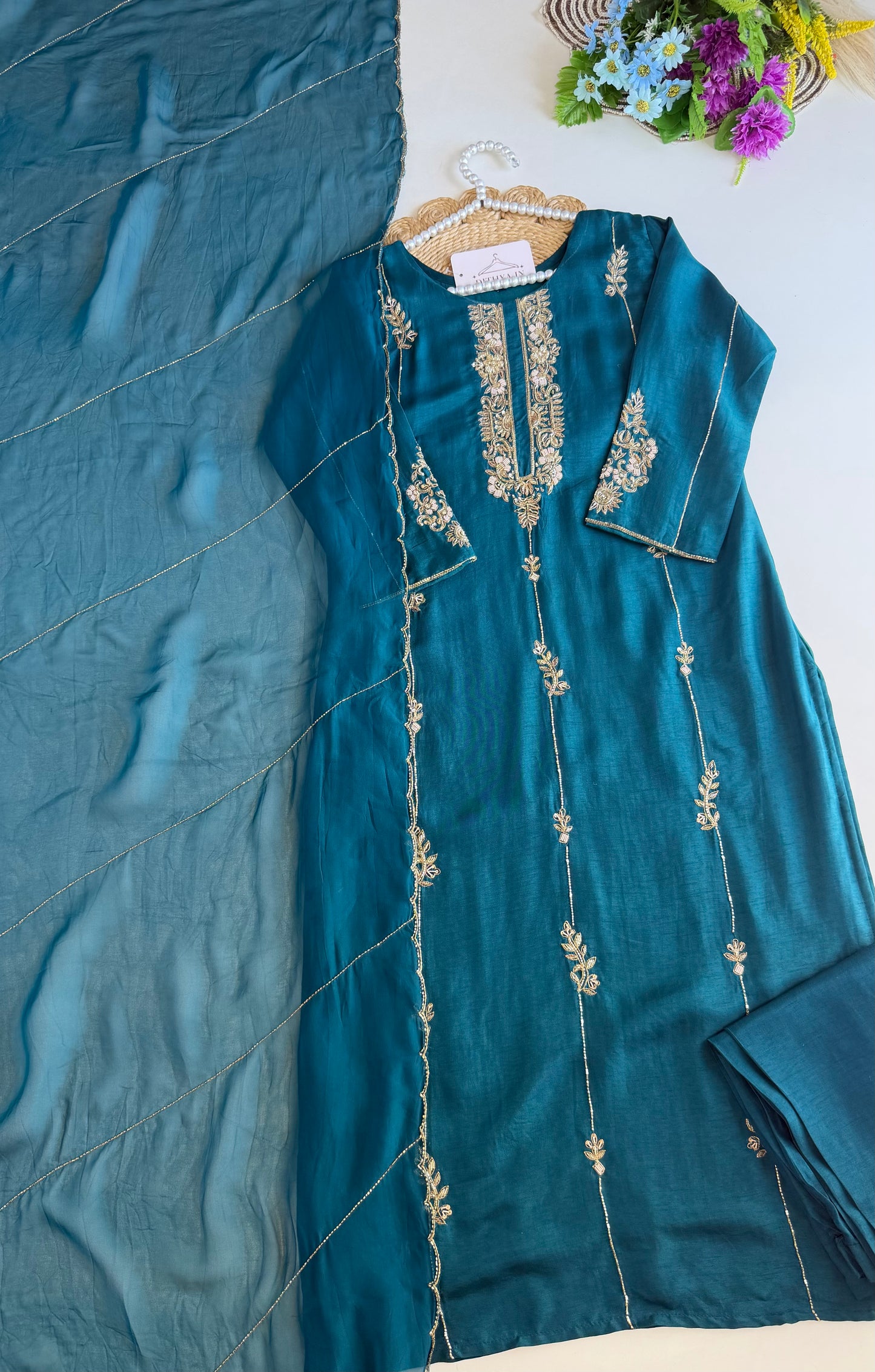 K577 - Russian silk handwork straight Kurti with pants and dupatta