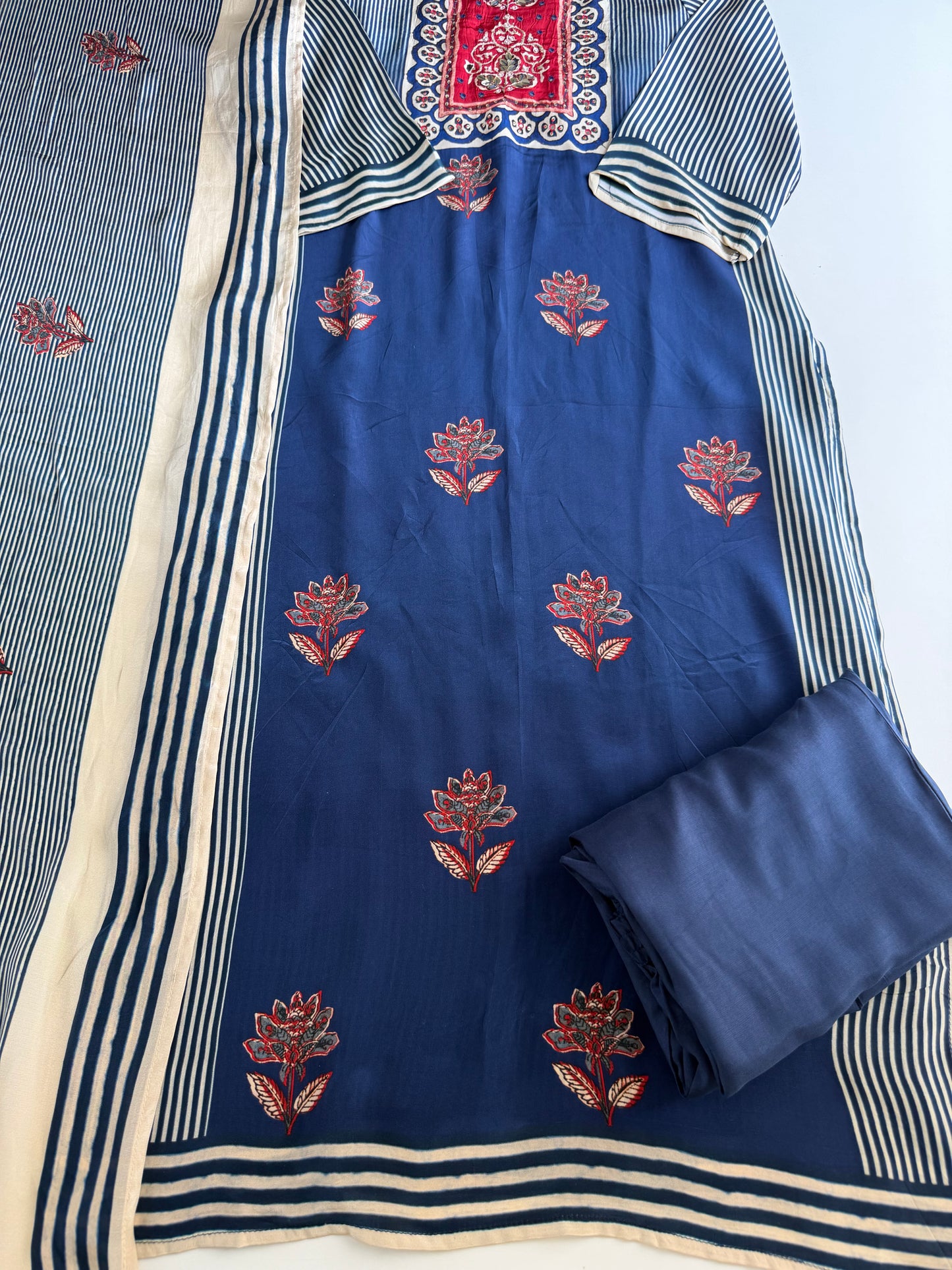 K510 - Pure crape handwork straight Kurti with pants and dupatta