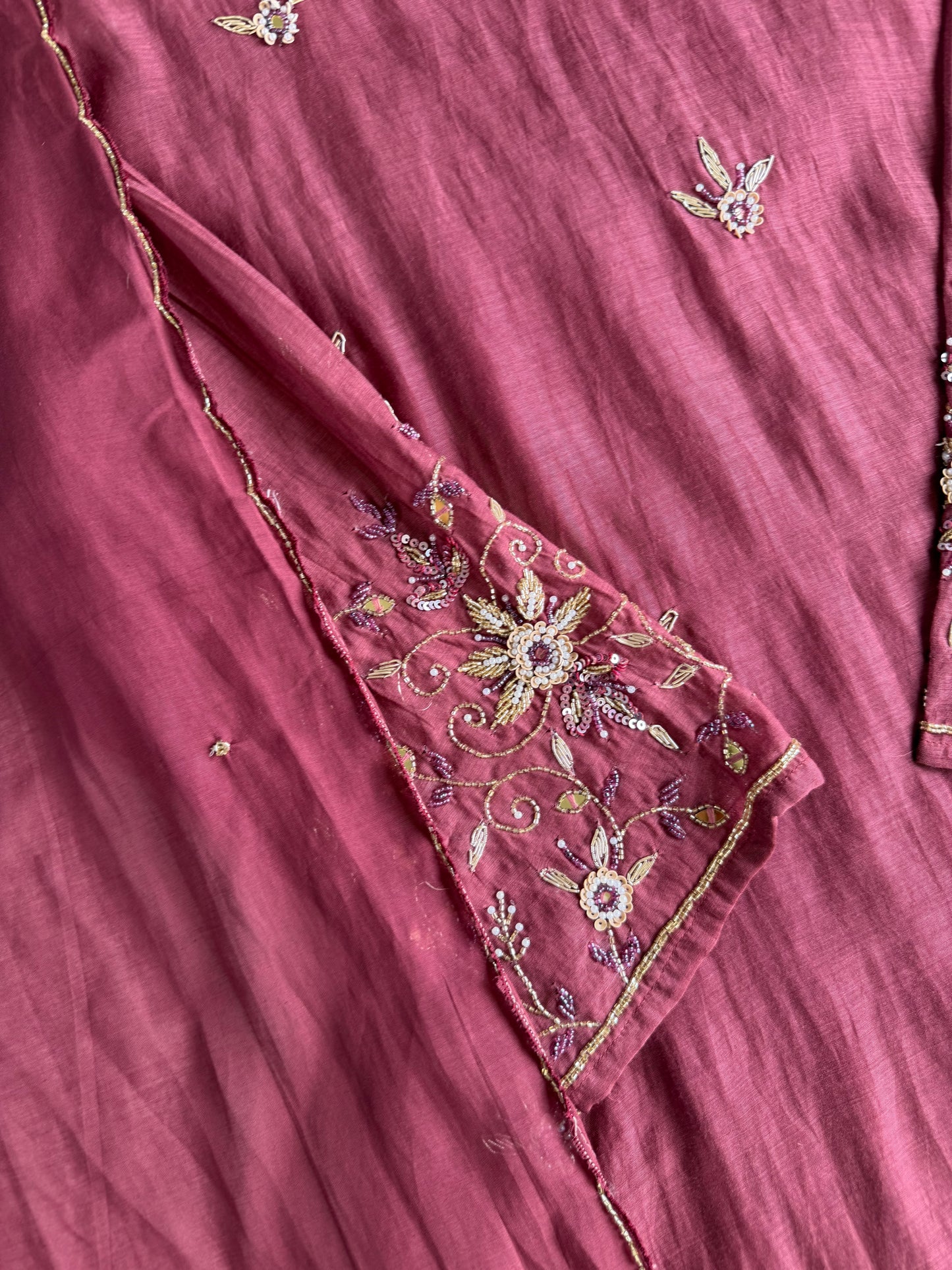 K453 - Mul chanderi handwork aline Kurti with pants and dupatta