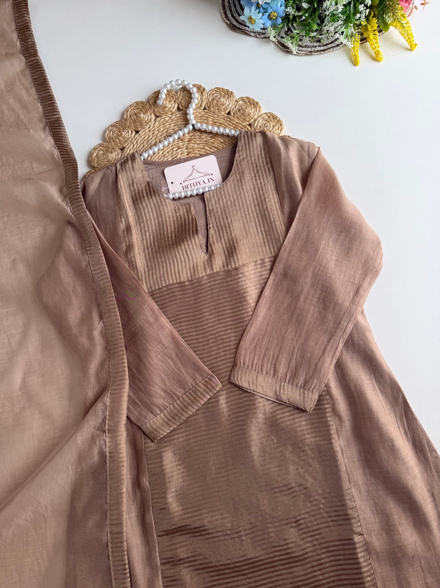 K204 - Mul chanderi zari Aline Kurti with pants and dupatta