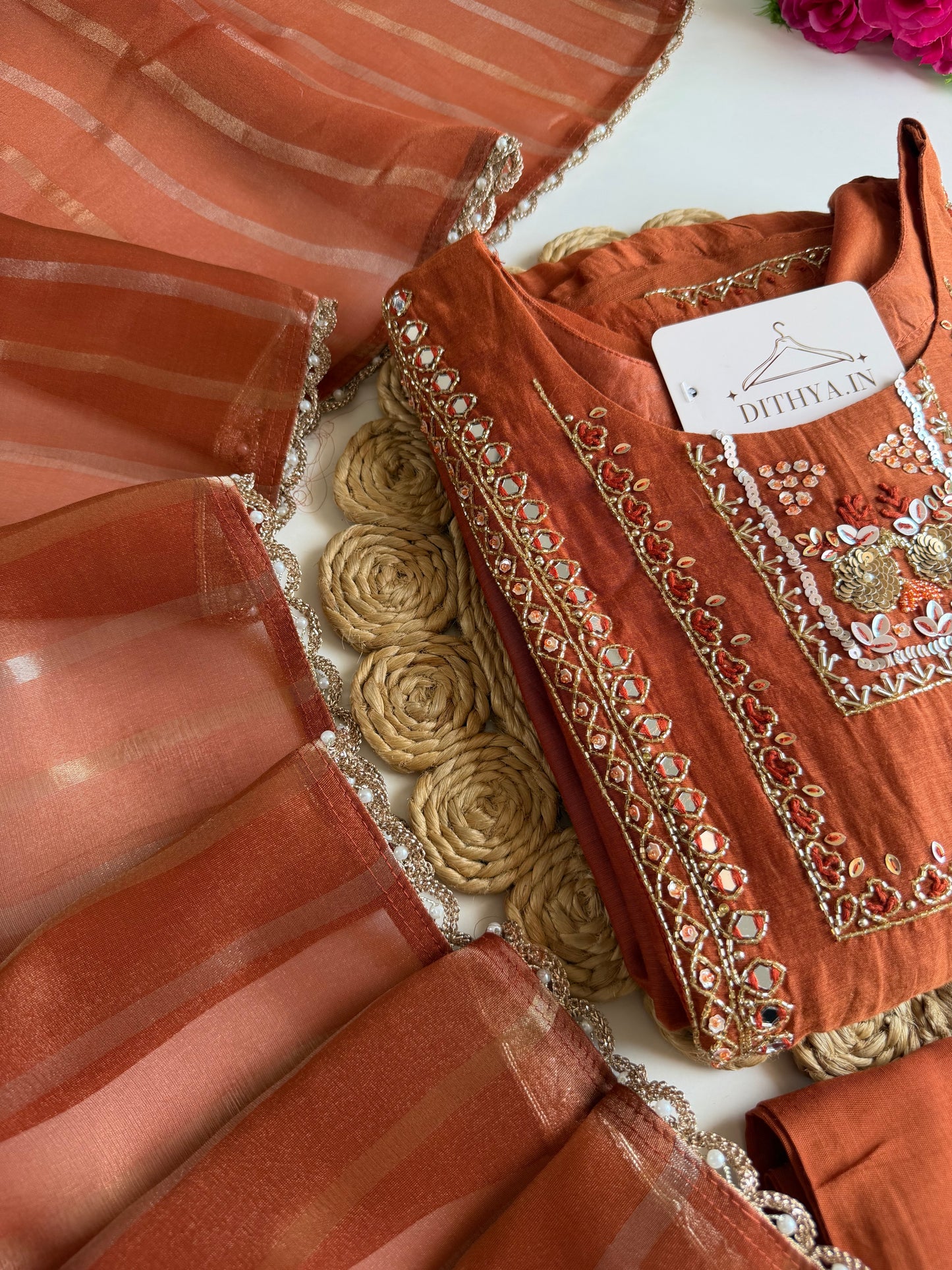 K435 - Mul chanderi handwork Aline Kurti with pants and dupatta