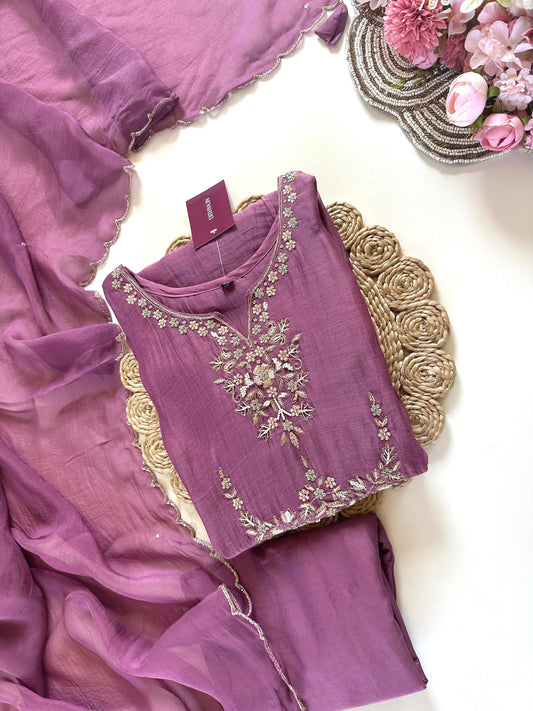 K247 - Mul Chanderi Zardosi Aline Kurti with pants and dupatta