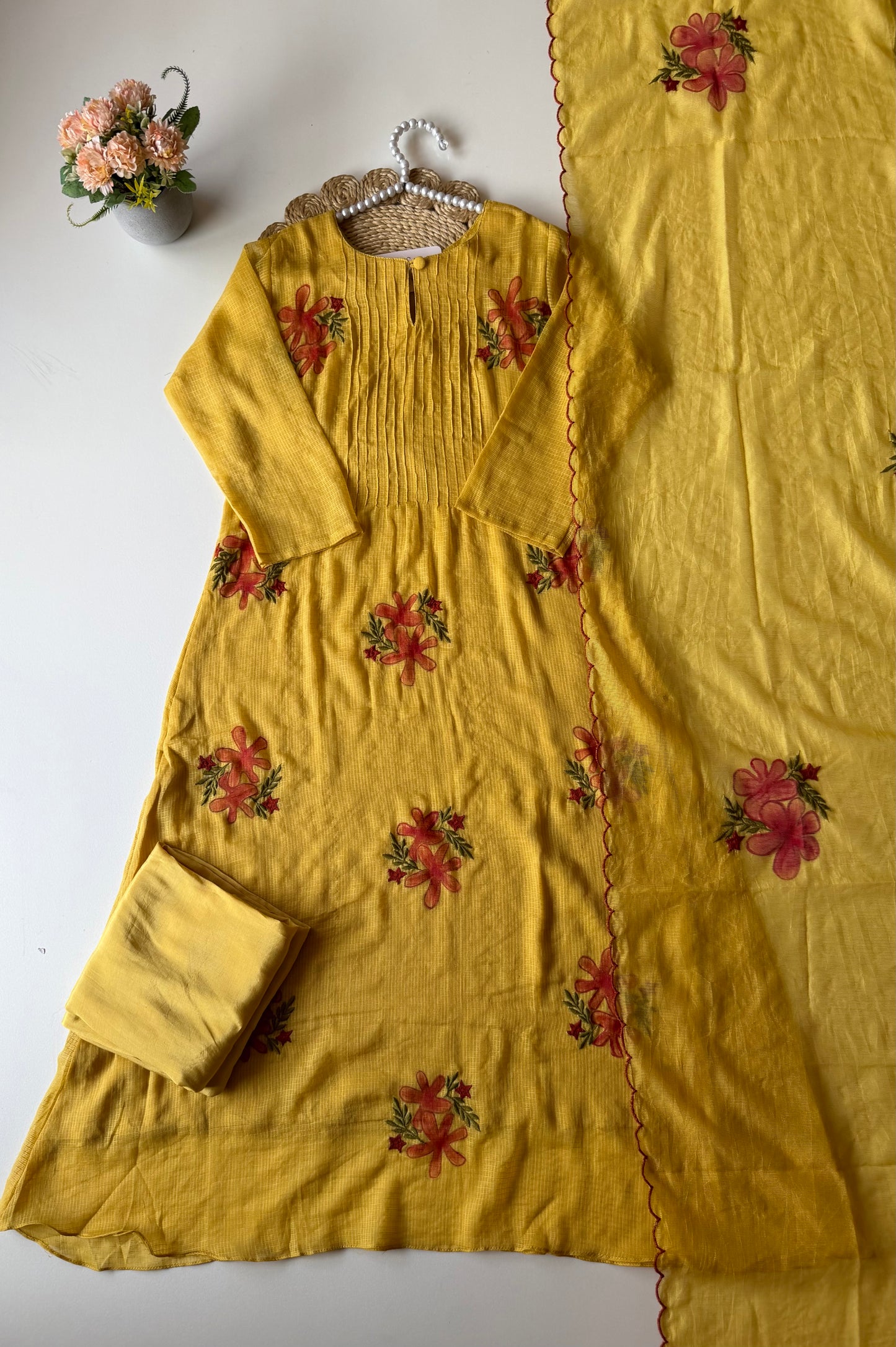 K205 - Doriya Mul cotton hand painted Anarkali with pants and dupatta