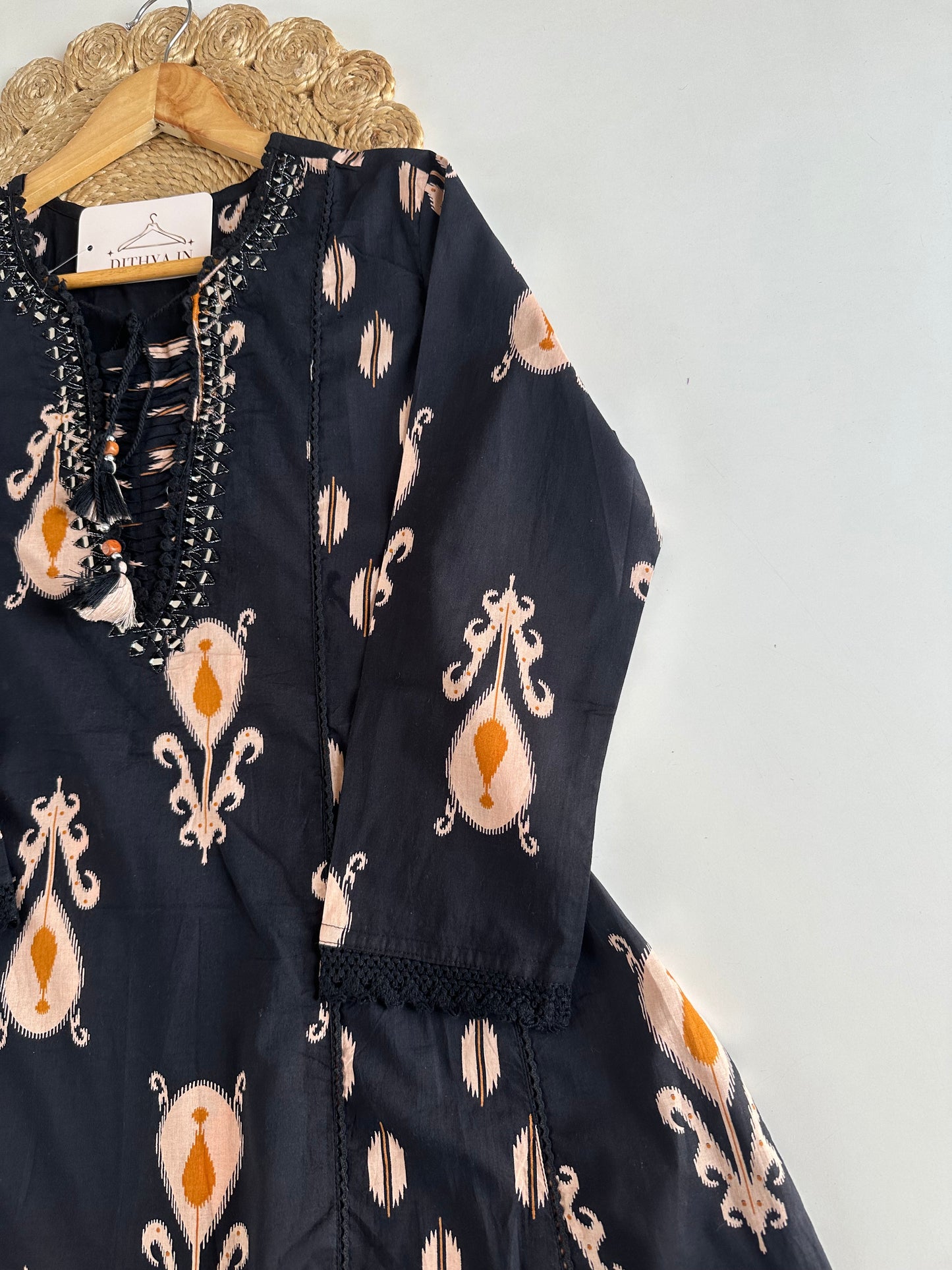 K685 - Mul cotton embroidered Aline Kurti with pants and dupatta