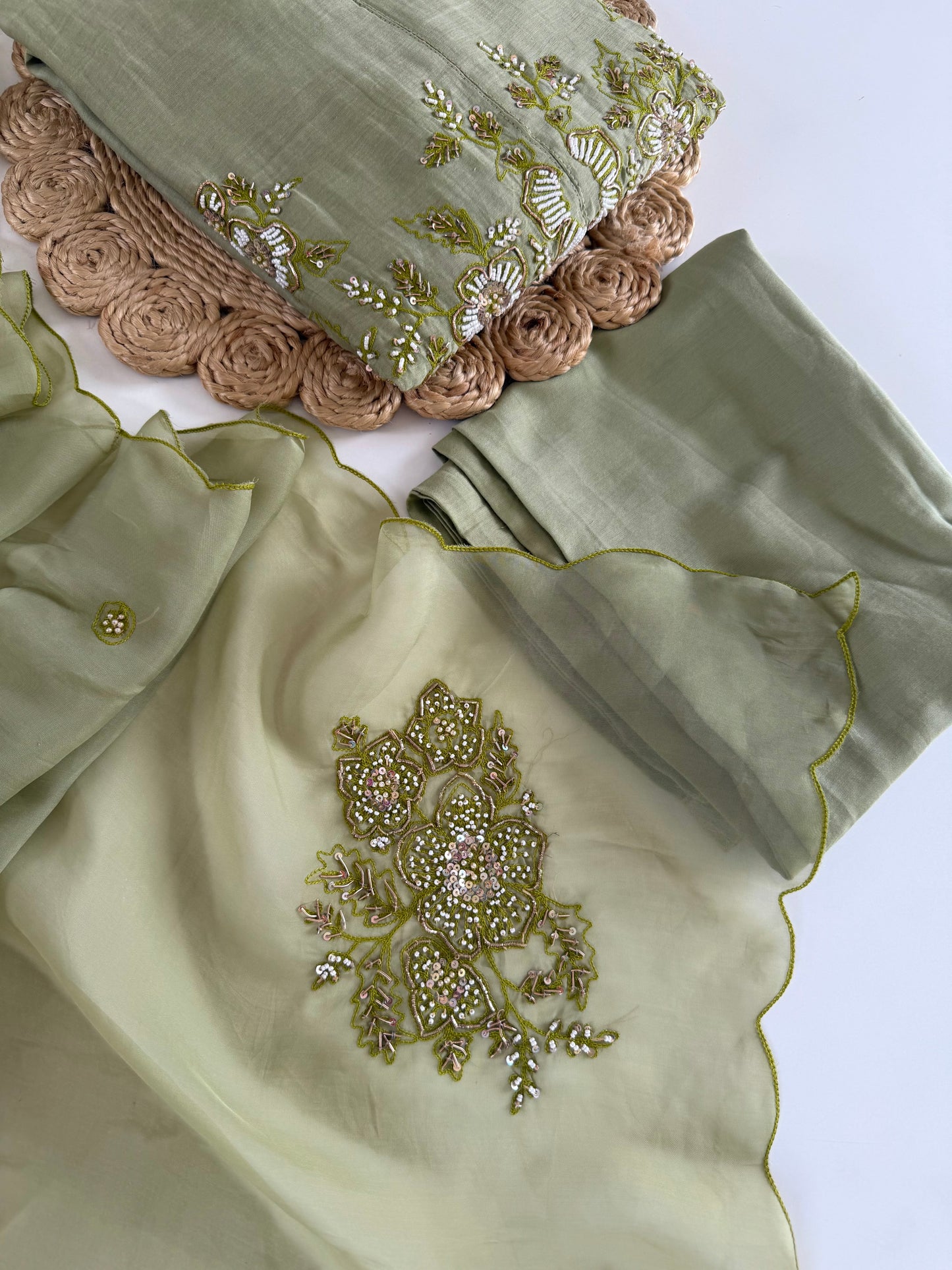 K502 - Mul chanderi handwork aline Kurti with pants and dupatta