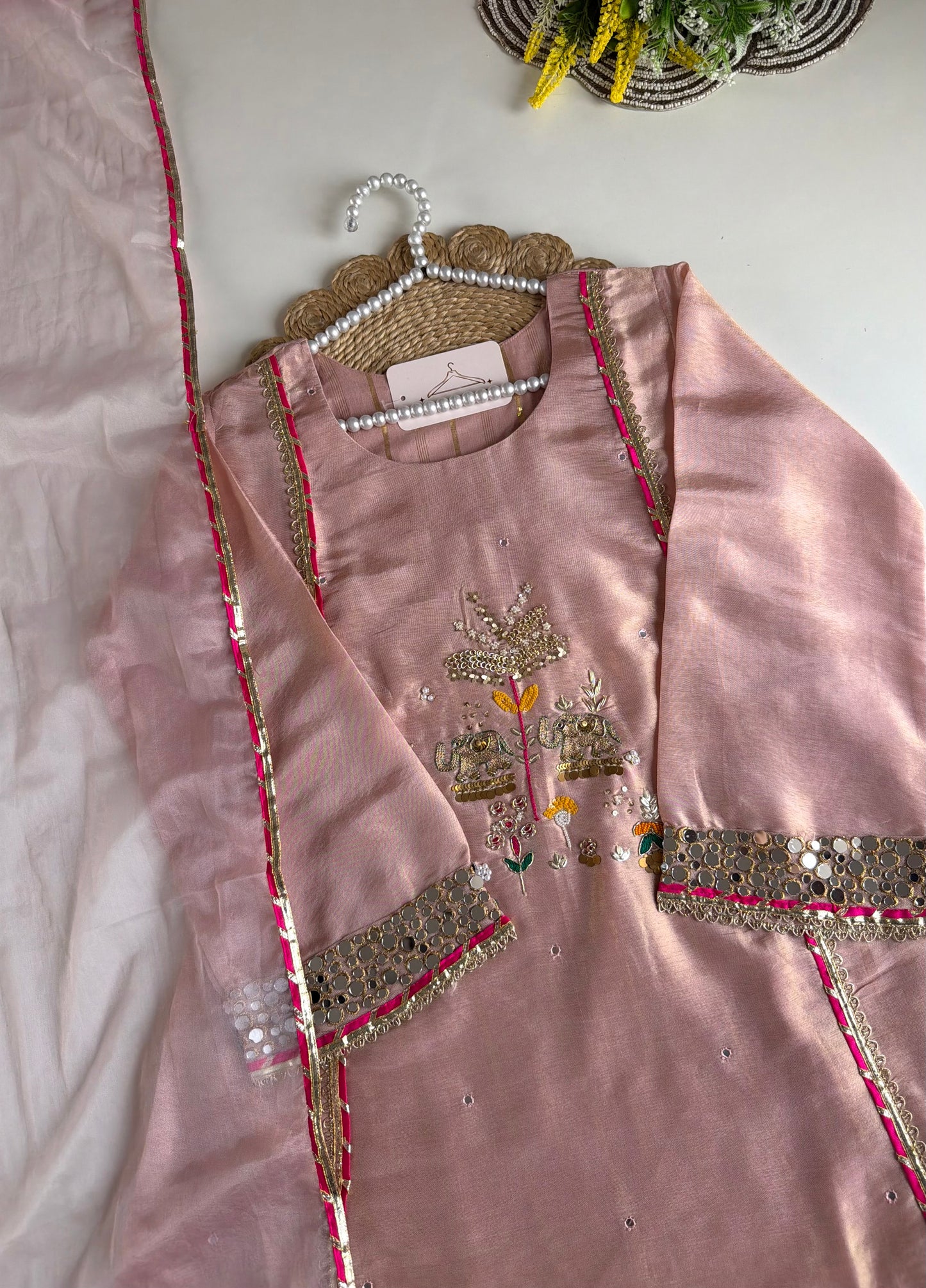 K655 - Tissue silk handwork Anarkali with pants and dupatta