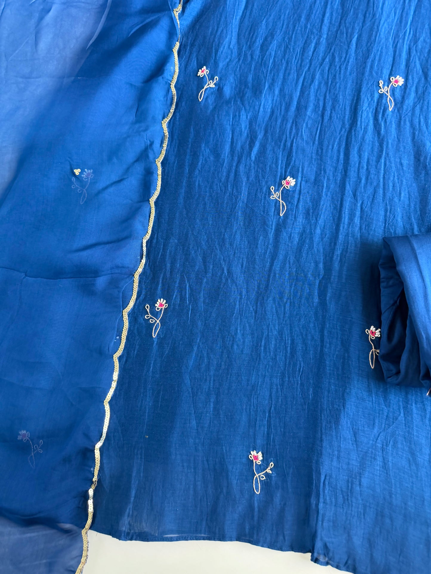 K469 - Mul chanderi handwork Aline Kurti with pants and dupatta in 2 colours