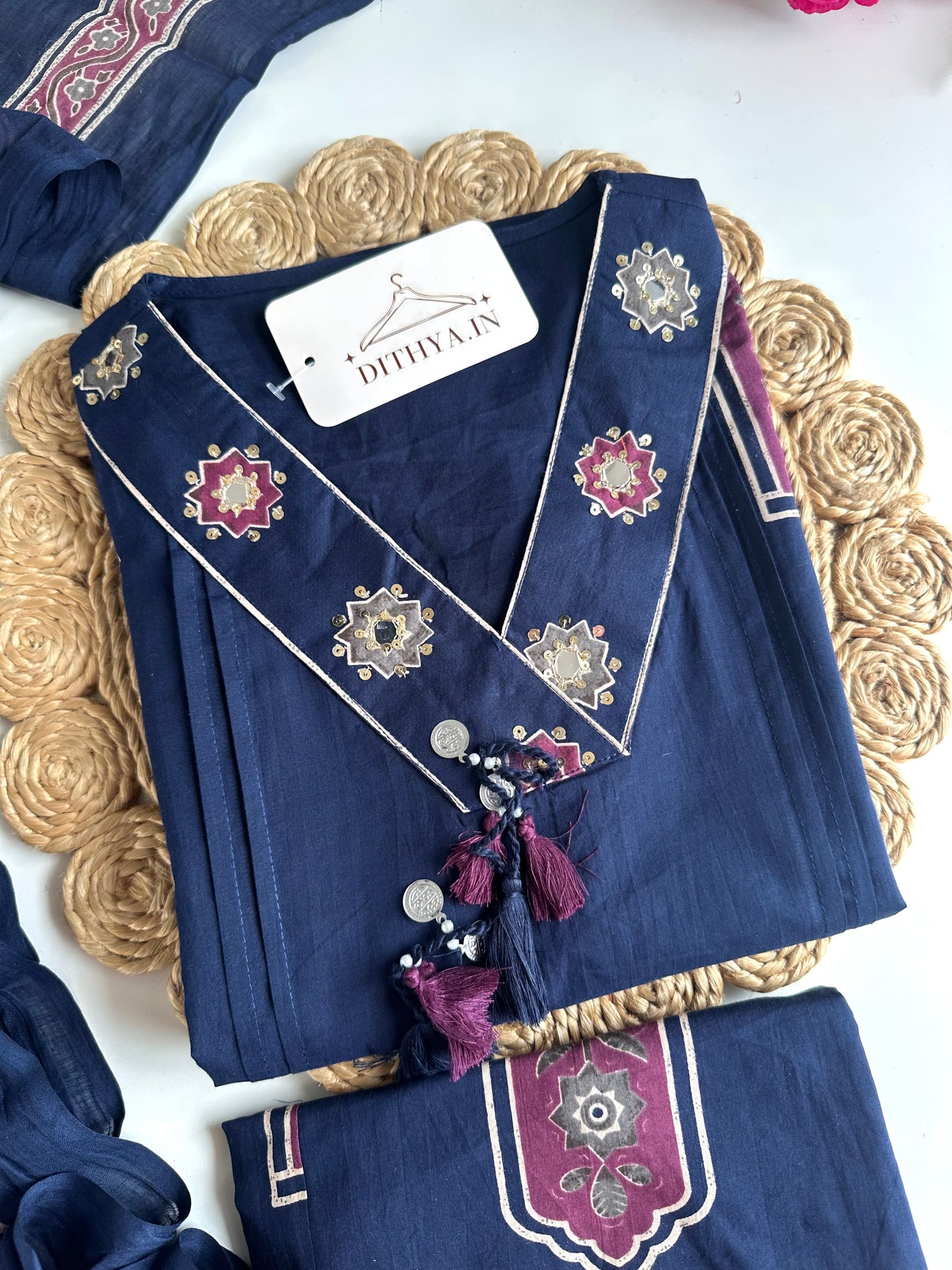 K716 - Mul cotton embroidered Aline Kurti with pants and dupatta