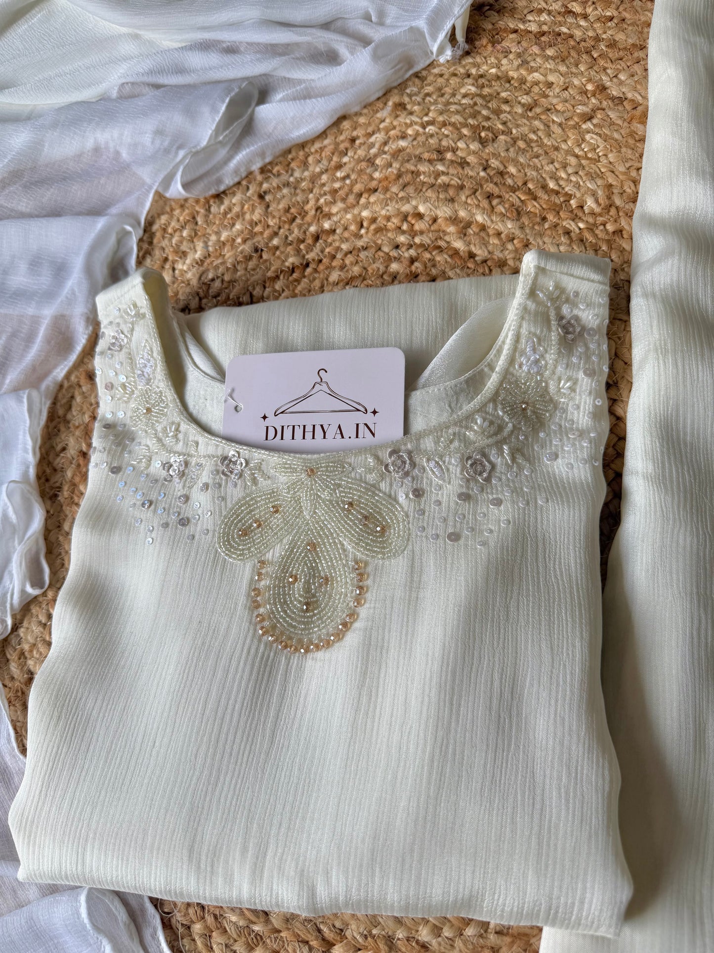 K335 - Pure Chinnon handwork Kurti with divider pants and dupatta