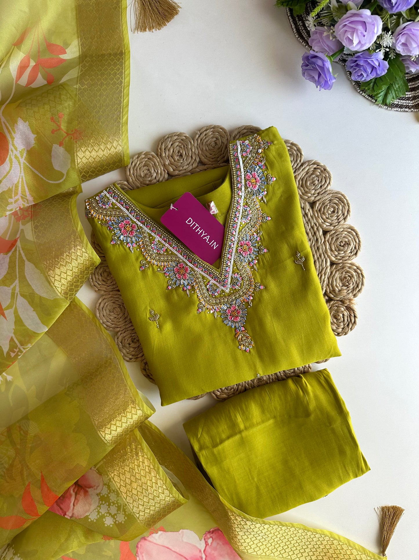 K024 - Roman silk handwork straight Kurti with pants and dupatta in 3 colours
