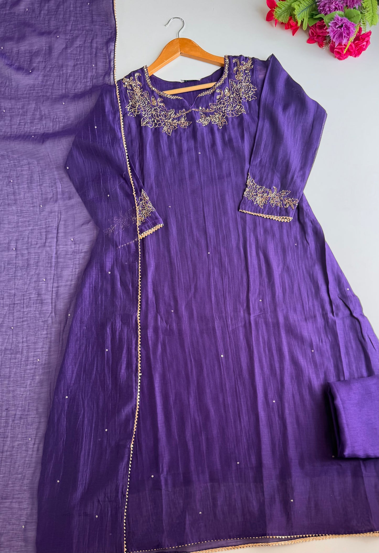 K553 - Mul chanderi handwork aline Kurti with pants and dupatta
