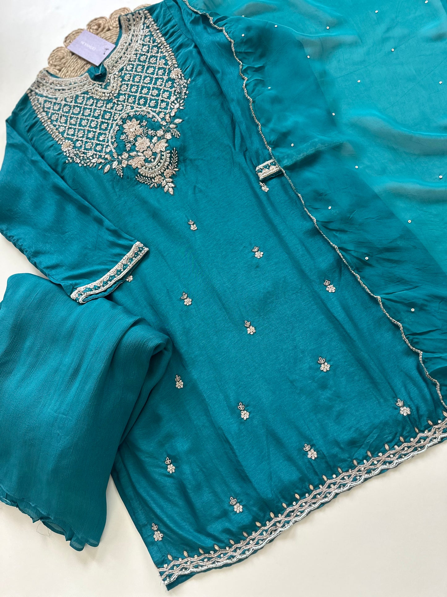 K251 - Russian silk Handwork Short kurti with sharara and dupatta .