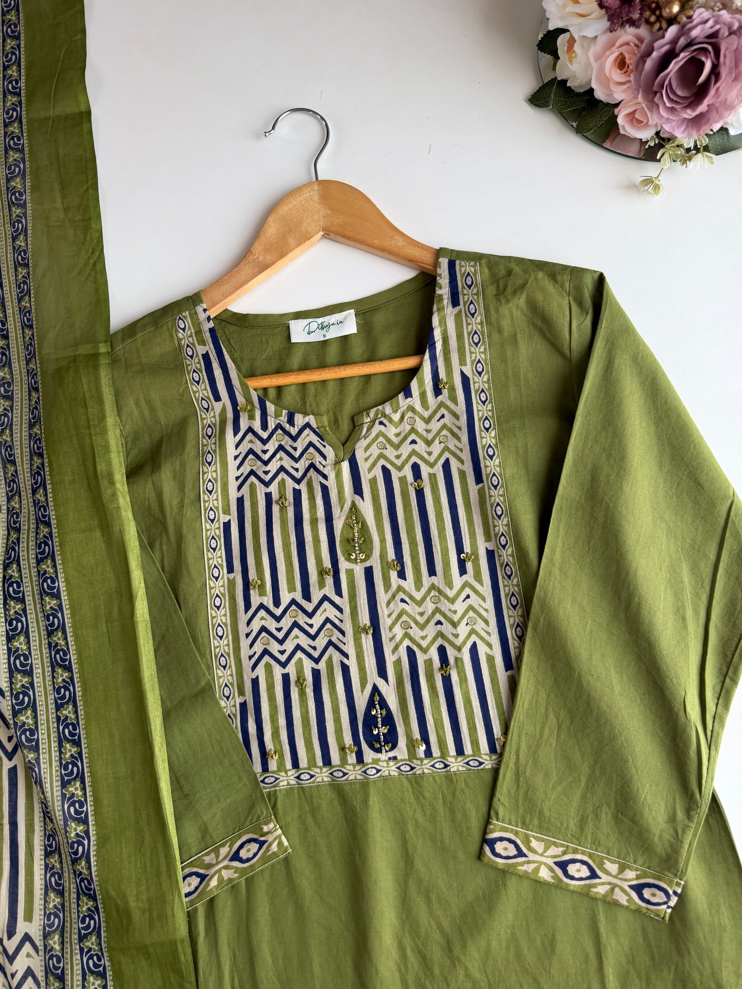 K576 - Mul cotton embroidered straight Kurti with pants and dupatta