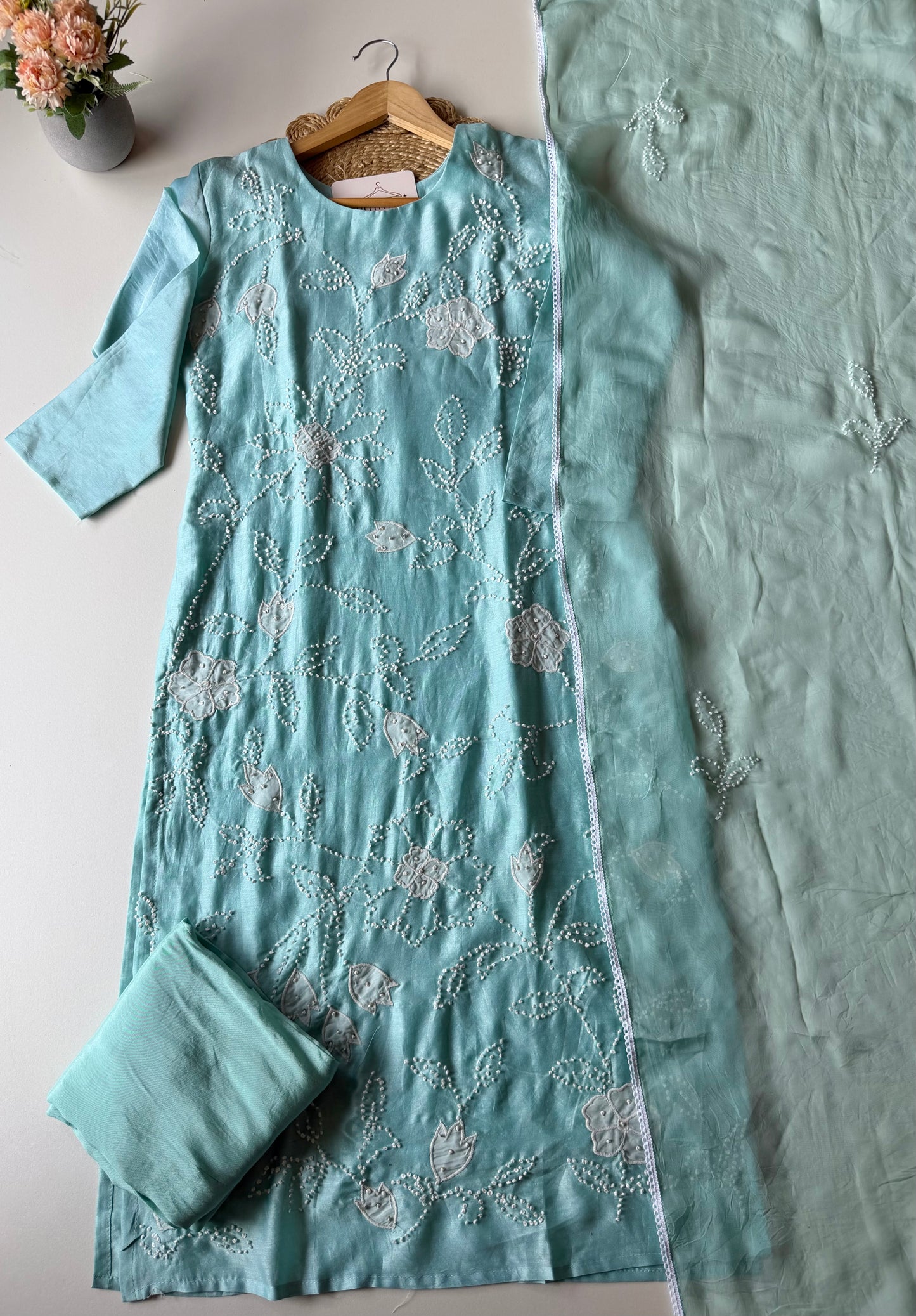 K048 - Chanderi knot appliqué work straight Kurti with pants and dupatta