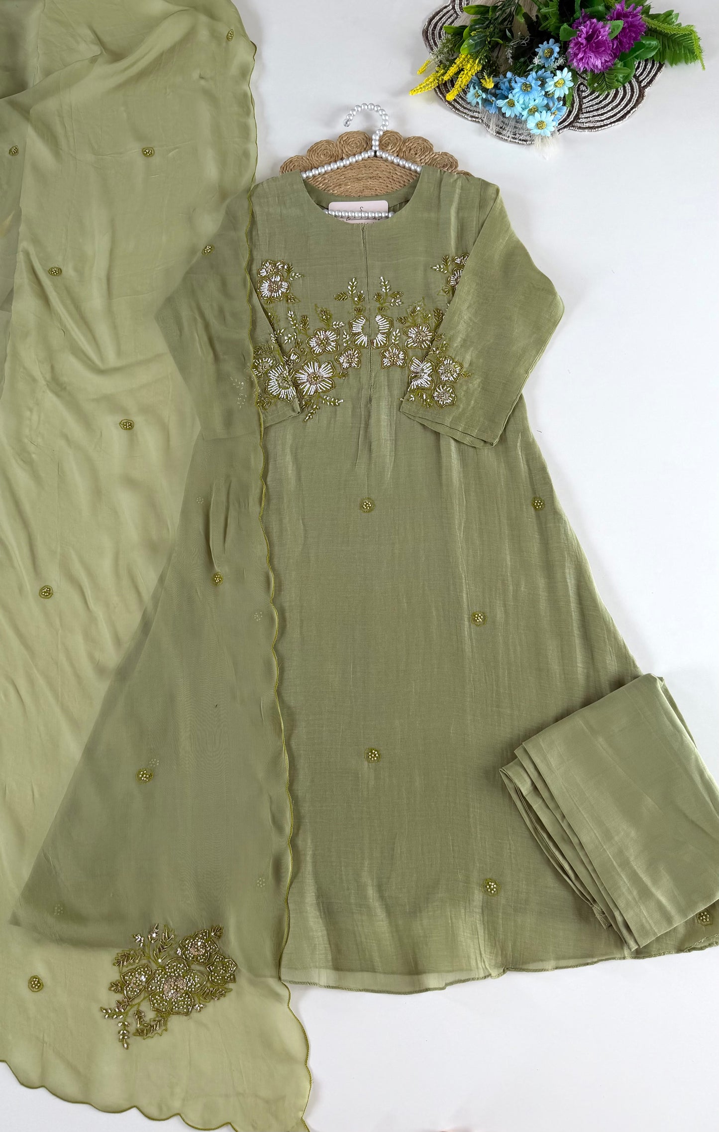 K502 - Mul chanderi handwork aline Kurti with pants and dupatta