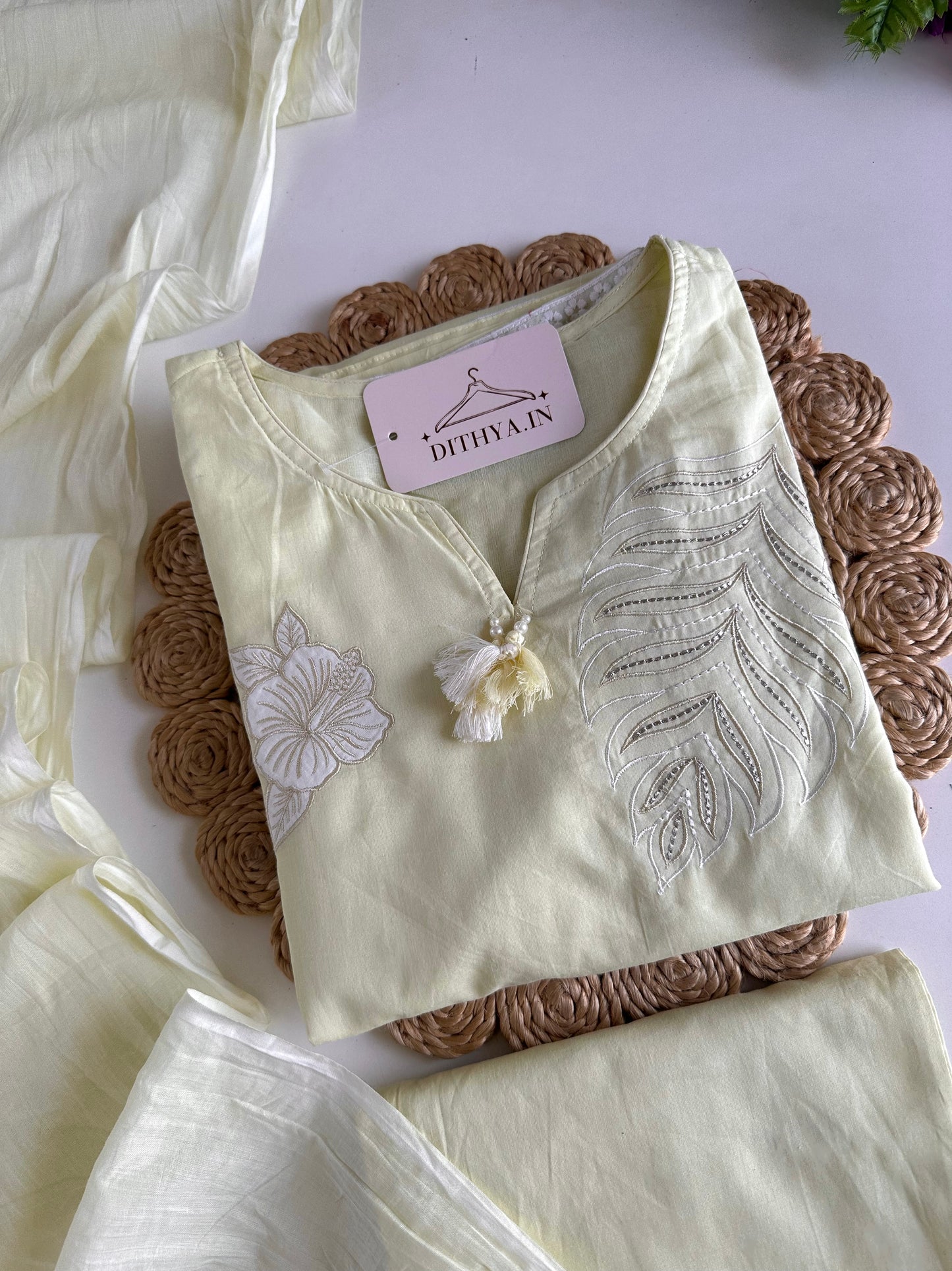 K159 - Mul cotton embroidered straight Kurti with pants and dupatta