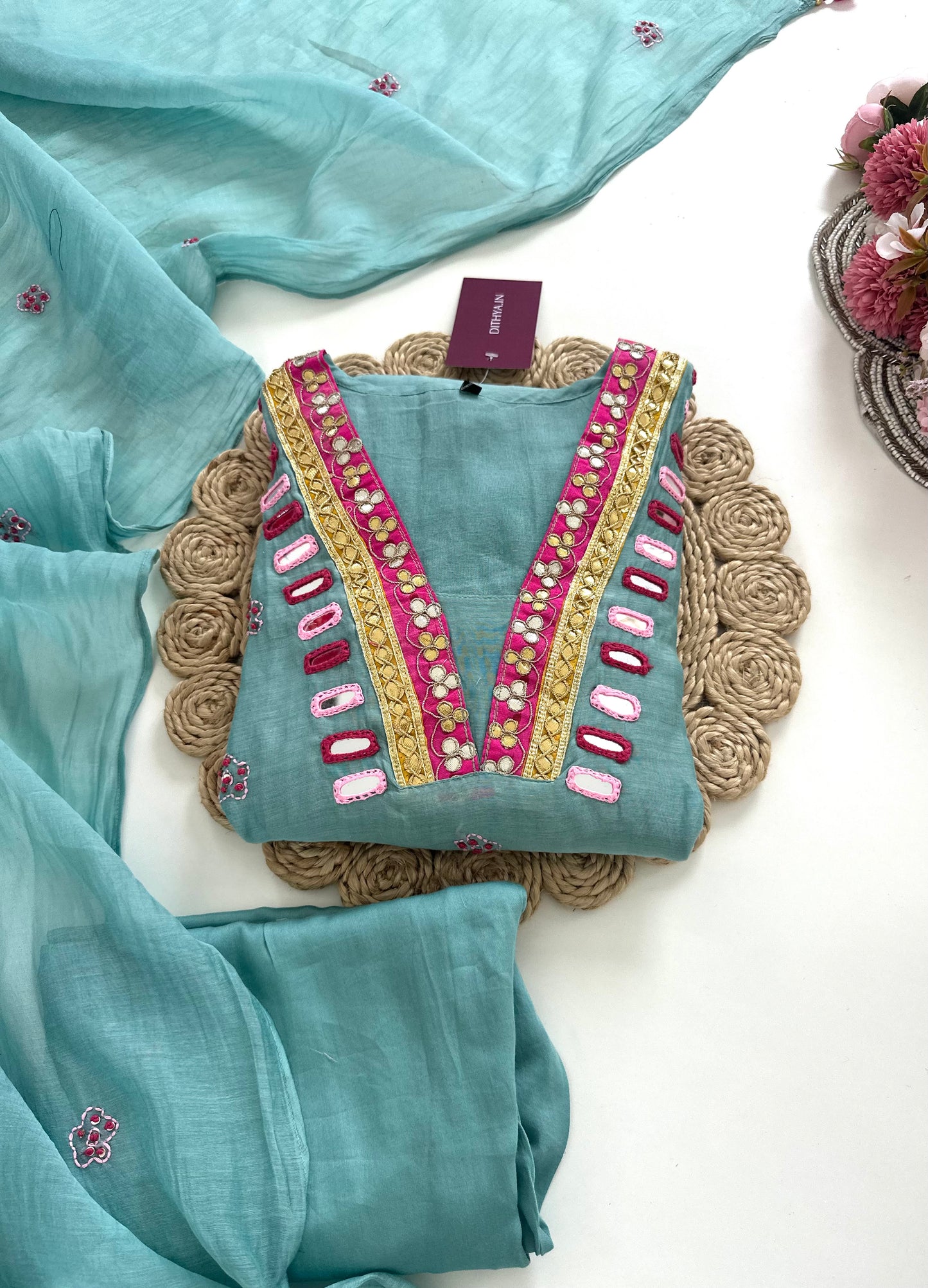 K147 - Mul Chanderi Mix handwork Aline Kurti with pants and dupatta