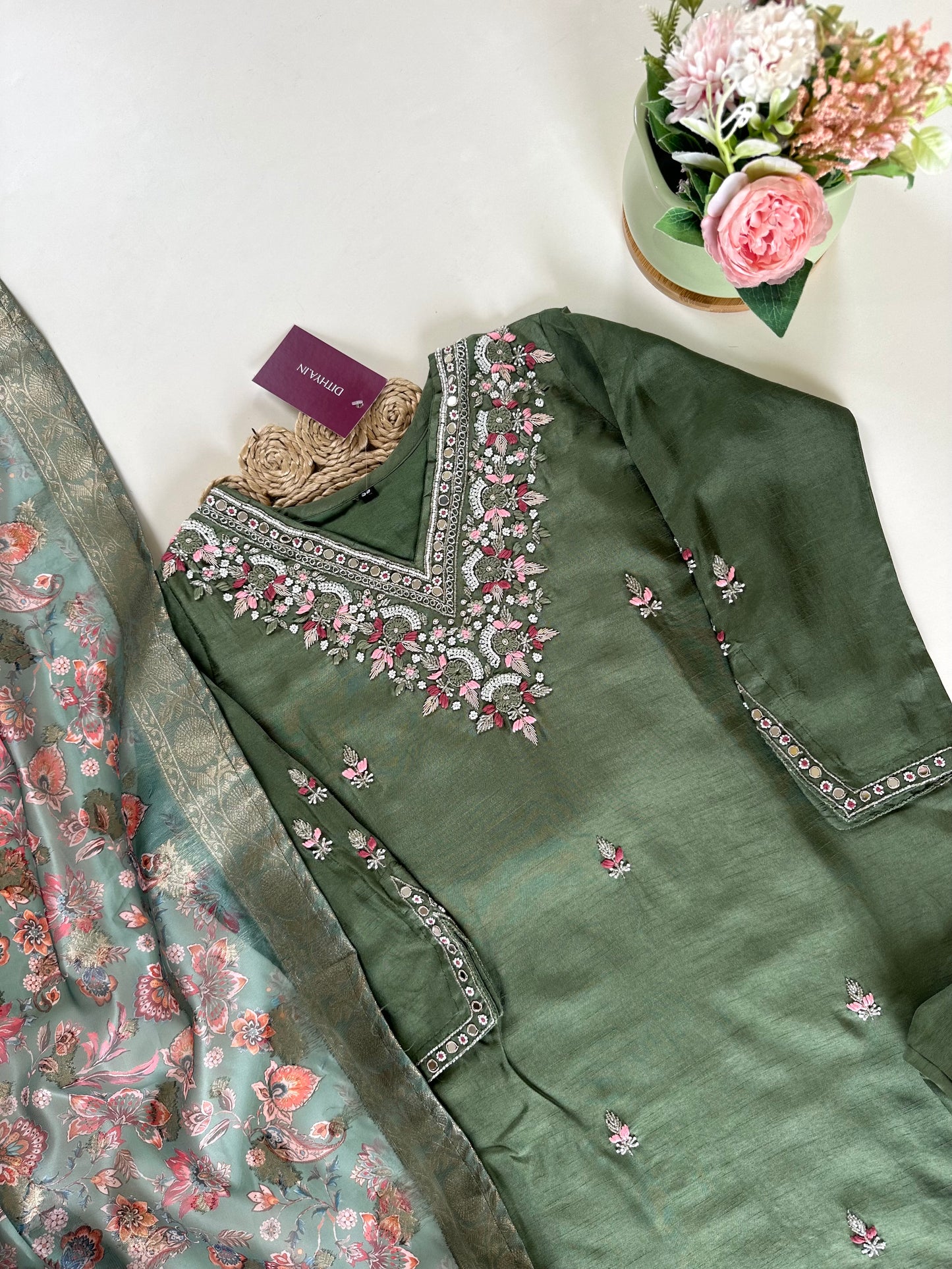 K131 - Russian silk Handwork straight kurti with pants and floral organza dupatta .