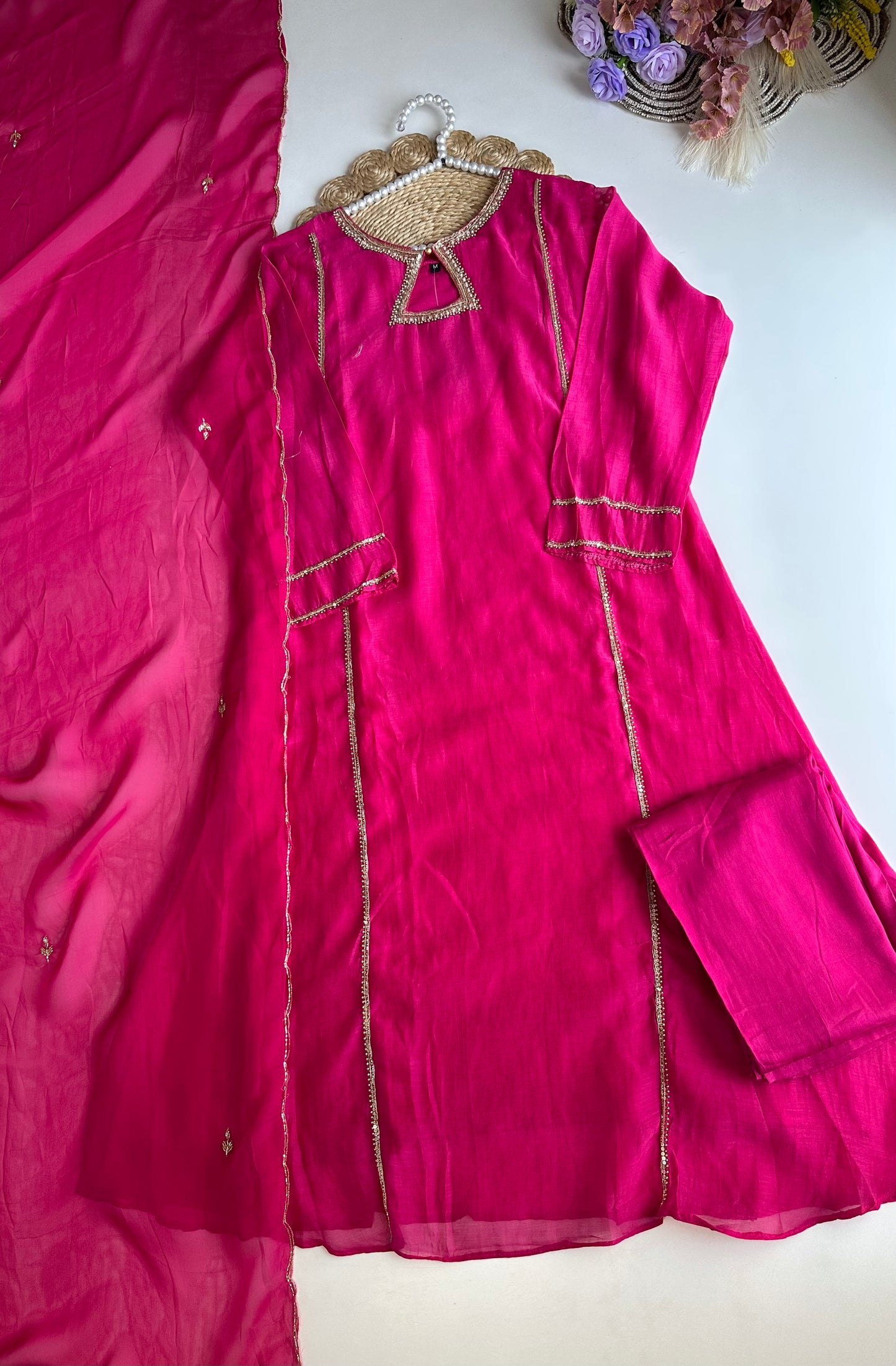 K228 - Mul Chanderi handwork Aline Kurti with pants and dupatta