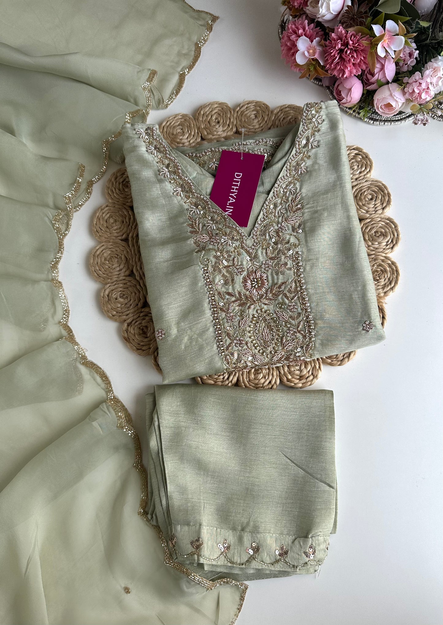 K428 - Russian silk handwork straight Kurti with pants and dupatta