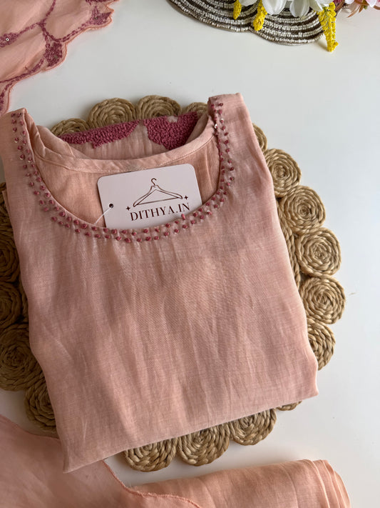 K650 - Mul chanderi embroidered Aline Kurti with pants and dupatta